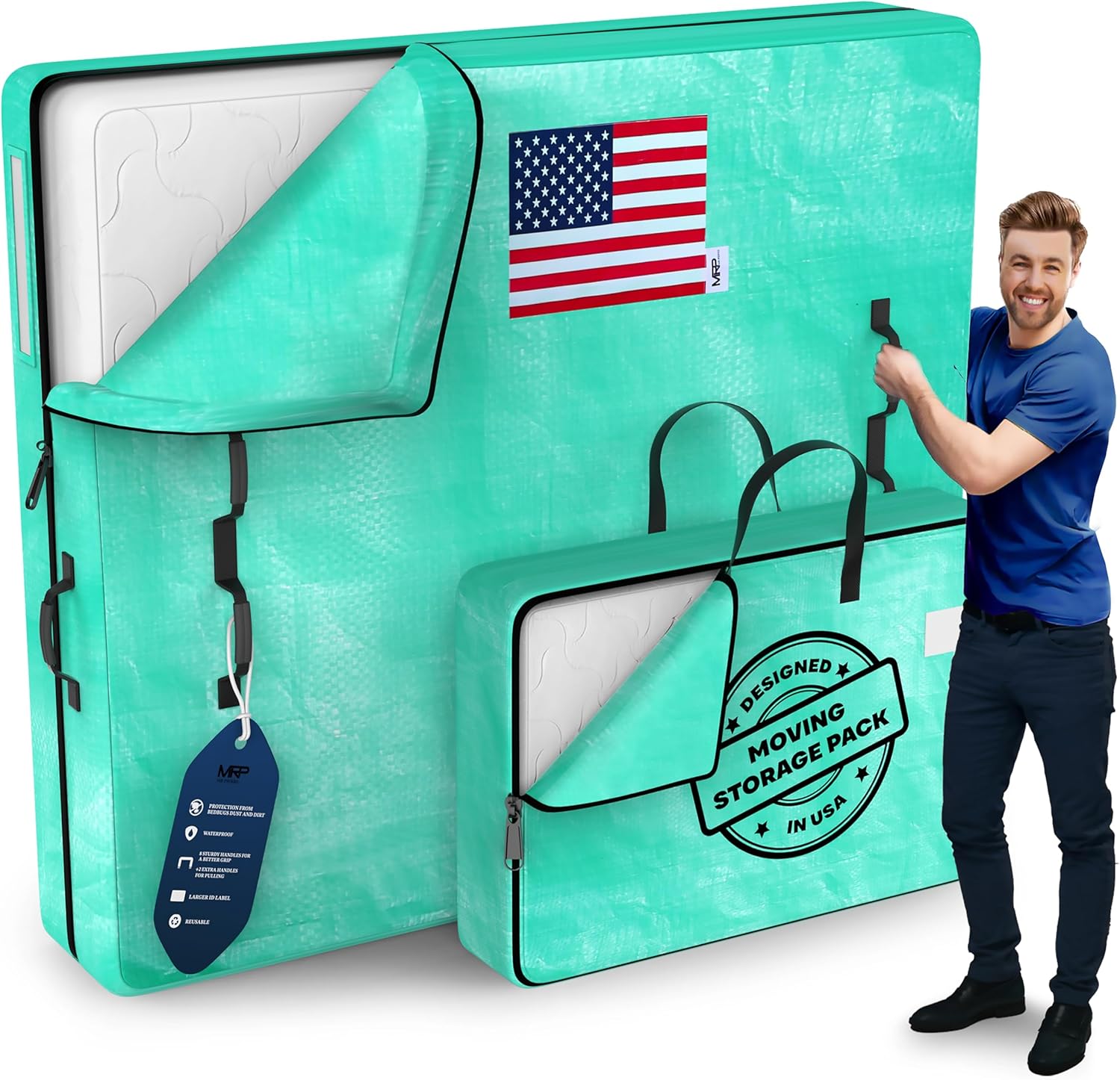 Mattress Bags For Moving + Pillow Bag - Reusable & 10 Strong Handles + Larger Label - Mattress Cover for Moving - Queen Mattress Bags for Moving - King Mattress Bag For Moving - Mattress Storage Bag King Green