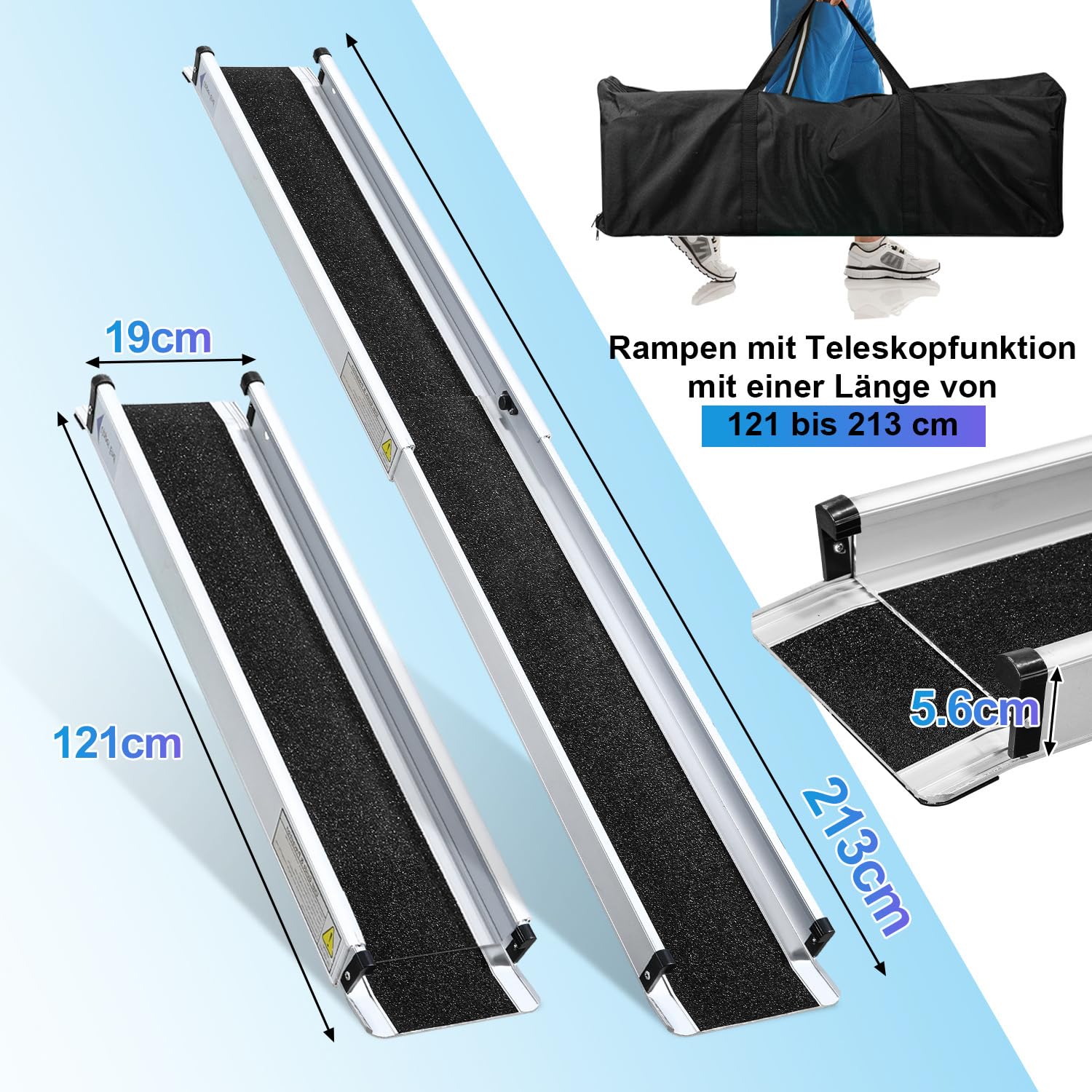 Rampa telescópica para silla de ruedas (2 x 121 – 213 cm), para silla de ruedas de hasta 300 kg, plegable con bolsa de tela, rampa telescópica para silla de ruedas
