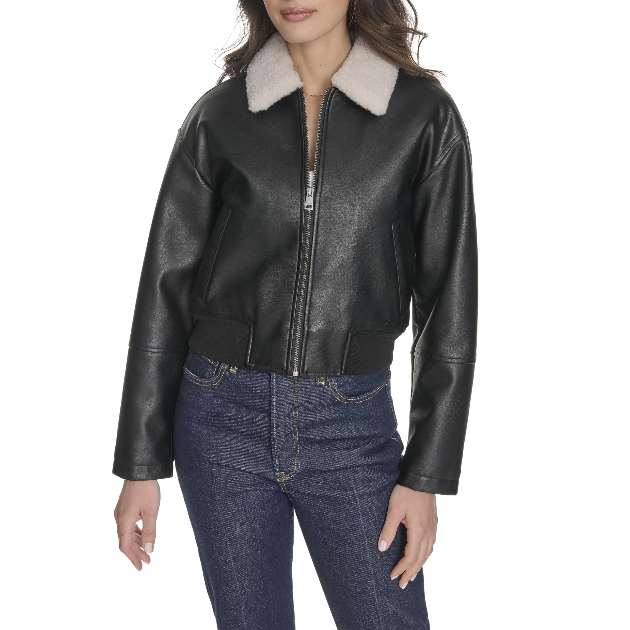 Levi's Women's Faux Leather Bomber with Laydown Collar, Black