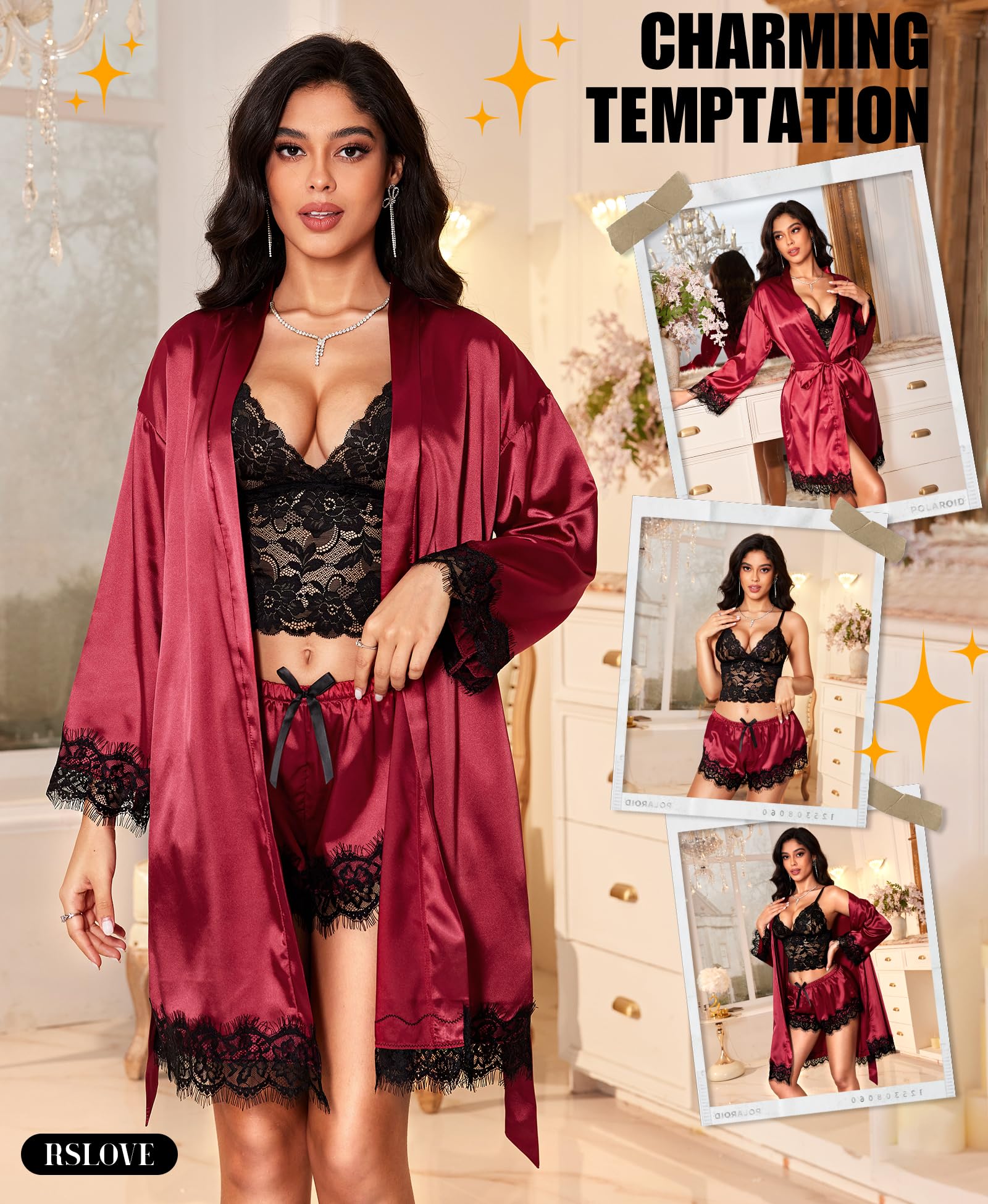 Sexy Dessous-Sets für Damen – Satin-Robe, Nachtwäsche, Seidenrobe, Babydoll, Chemise, Negligees, Nachtwäsche, 3-teilig