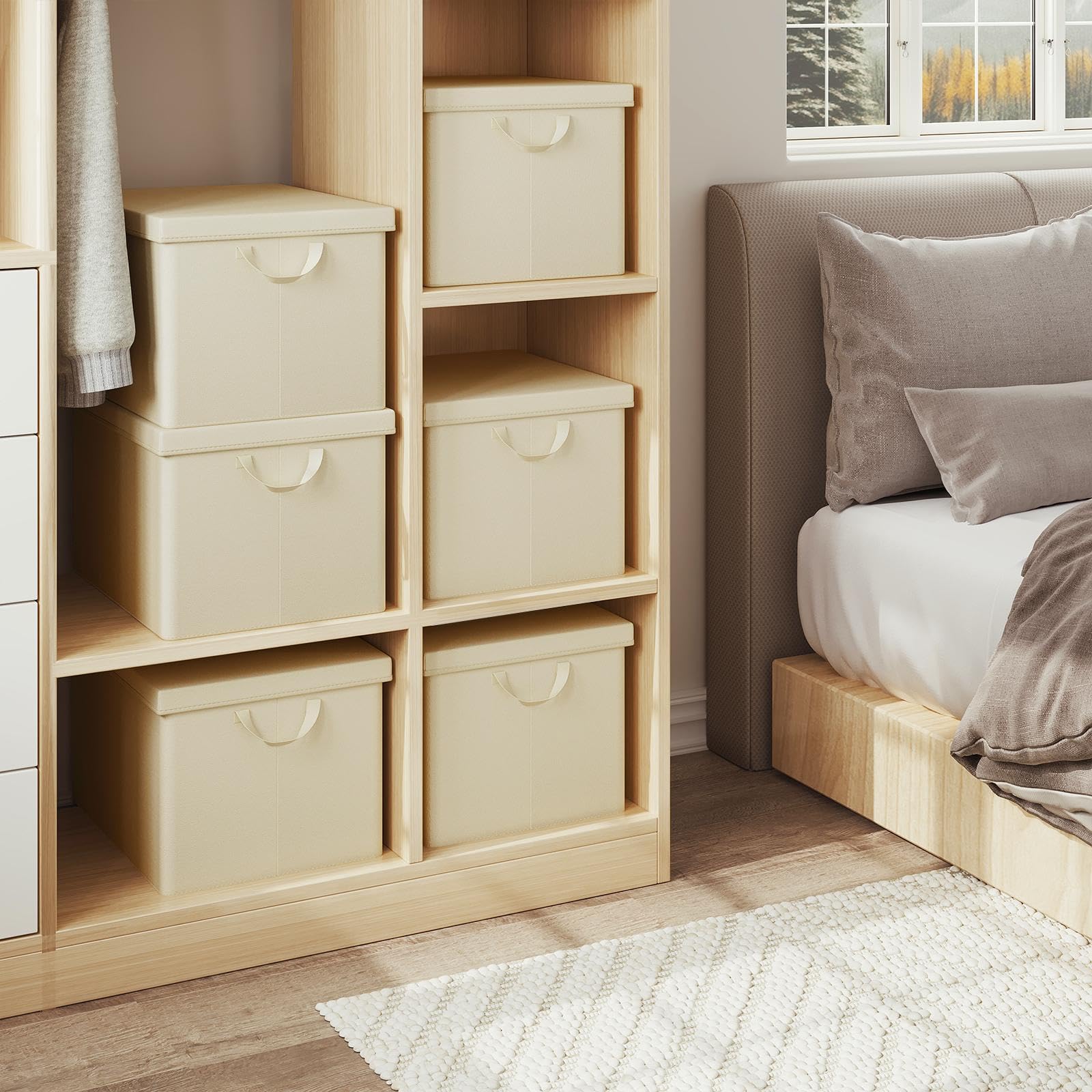 WOLTU 6 Piezas Cajas Organizadoras de Tela, Cestas Plegables para Guardar Ropa y Juguetes, con Tapa y Asas, Crema, 43x26x33cm | Hecho de tela de poliéster para dormitorio, estudio, sala de estar, caja organizadora con asas, plegable,