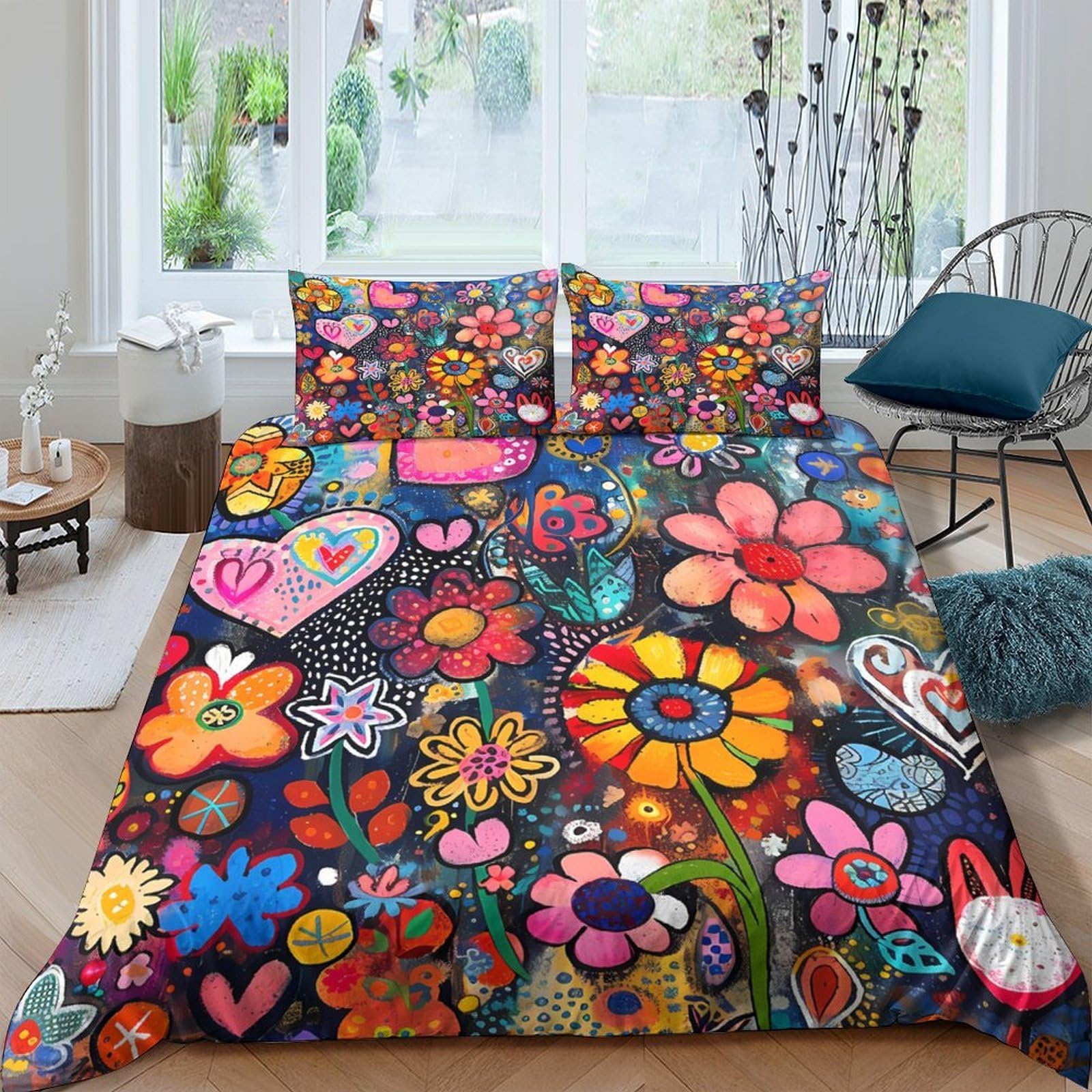 Ctjqhvkz Style-3 3D Printed Colorful Flower Heart Fitted Sheet Microfiber Bedroom Decor Vibrant Floral Bed Cover For Home Guest Room Single（135X200cm）