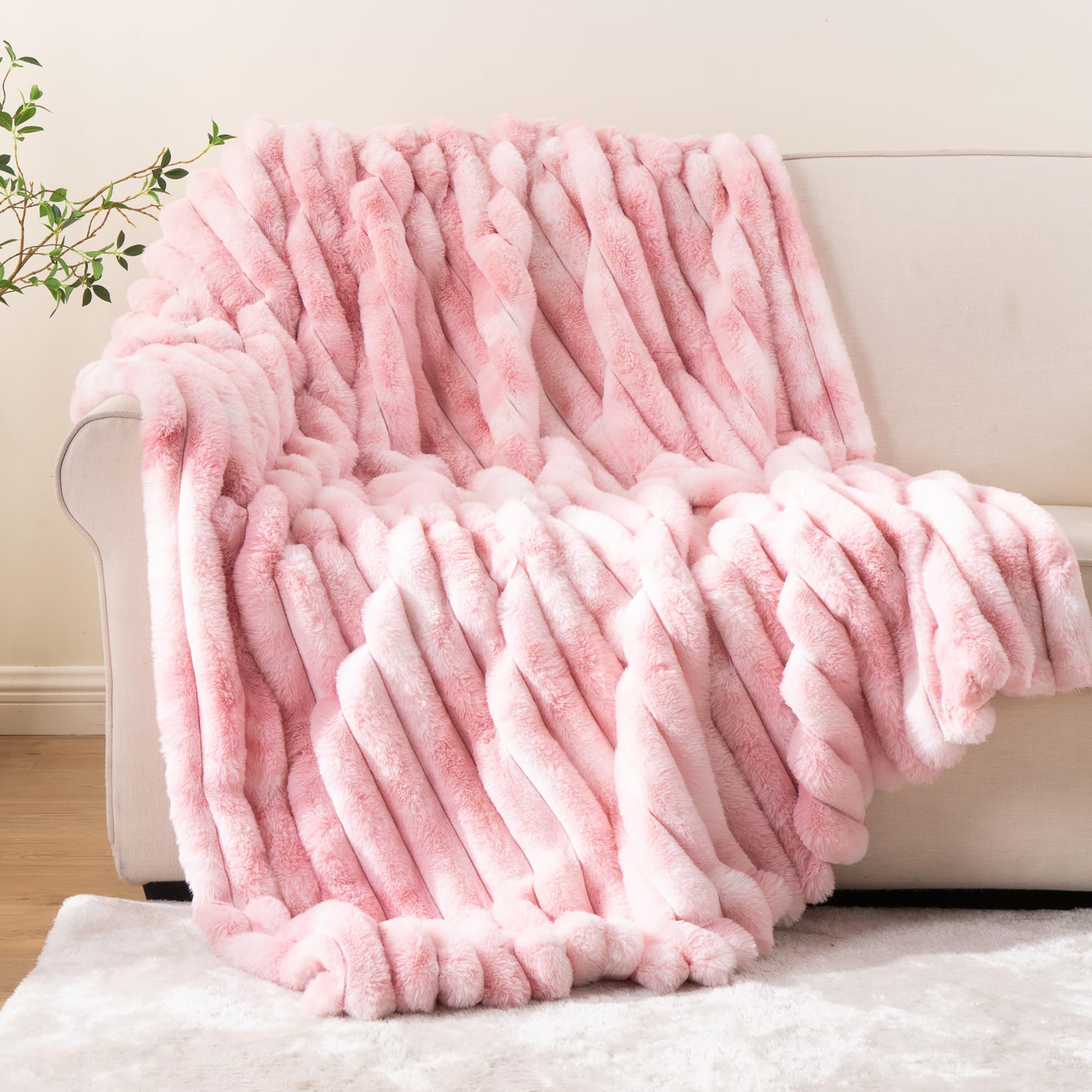 Battilo Faux Rabbit Fur Throw Blanket, Pink Fluffy Blanket, 125x150cm