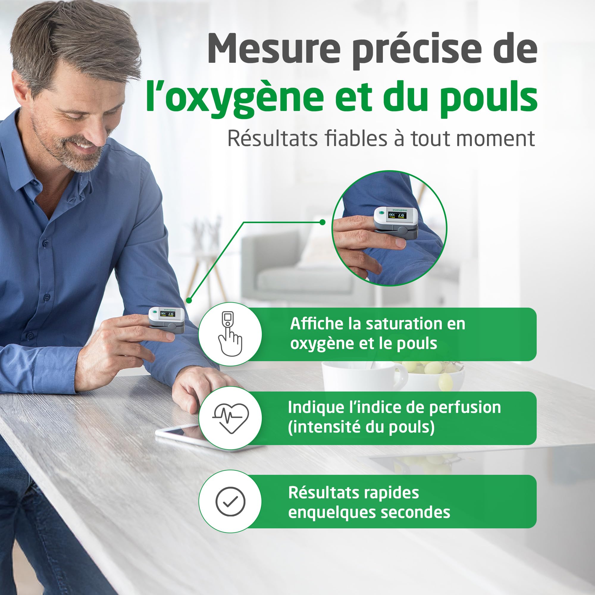 medisana PM 100, oxymètre de pouls, mesure de la saturation en oxygène du sang, oxymètre de pouls au doigt avec affichage OLED et commande à une touche