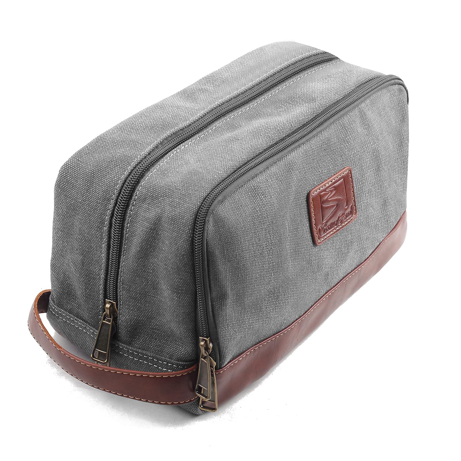 SEEMEROAD Toiletry Bag Canvas Leather Makeup Bag Travel Organizer Cosmetic Bag Shaving Bag Dopp Kits Teenage, Grey, Large,