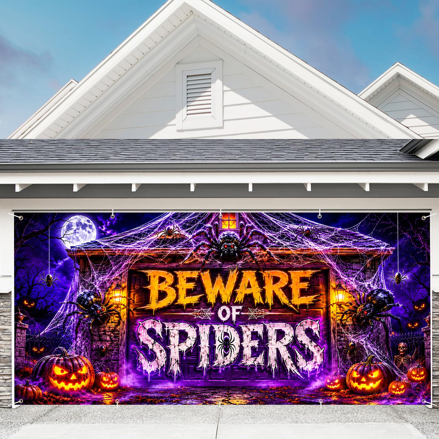 7 x 16 ft BEWARE OF SPIDERS Halloween Garage Door Decorations Blacklight Halloween decorations Door Cover,Hanging Banner for Home,Outdoor,Indoor, Spooky Party,Wall,Window
