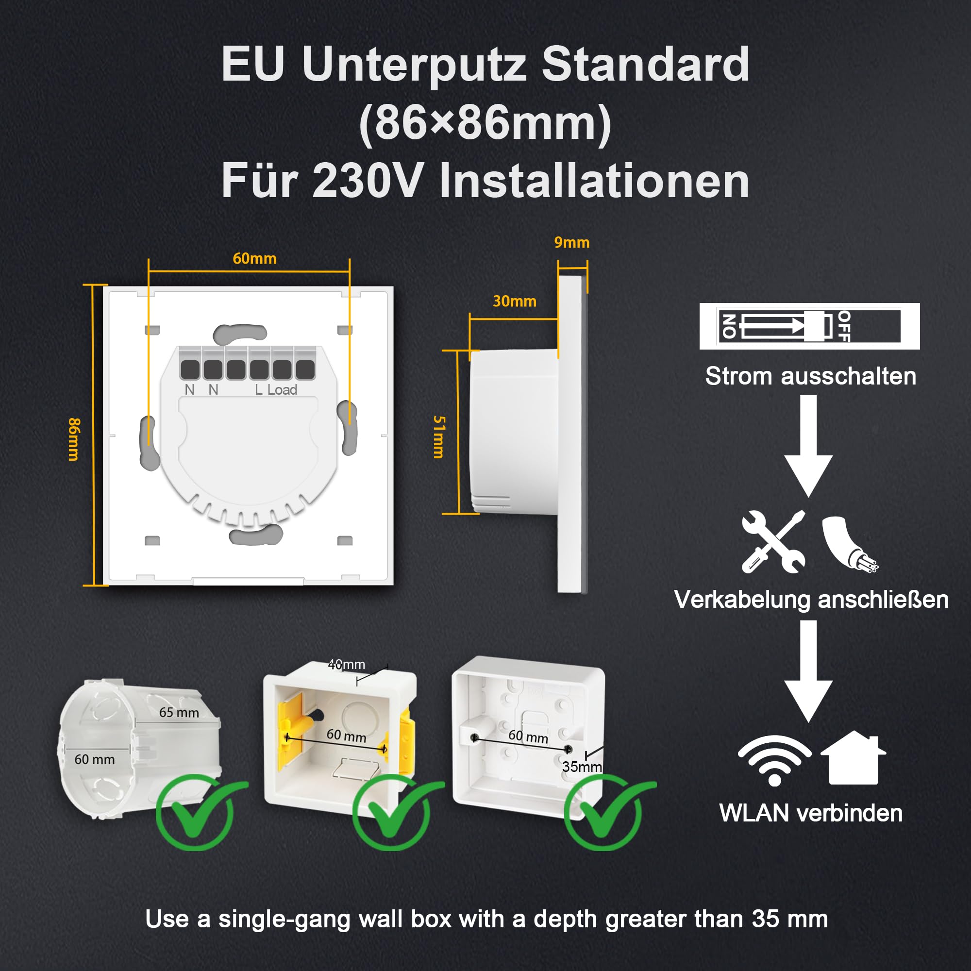 Interruttore intelligente WiFi 123 40 A per scaldabagno, interruttore touch da parete con conduttore neutro, vetro temperato bianco con cornice argentata, app TUYA, compatibile Alexa e Google, 230 V