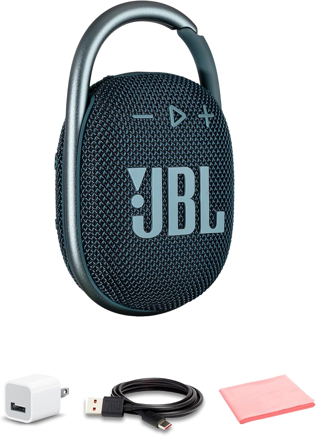 JBL Clip 4 Portable Bluetooth Speaker with Built-in Carabiner | Compact Wireless Waterproof IP67 Speaker for Travel and Outdoors| Bold Sound, Long Battery Life (Blue) + USB Adapter + Microfiber Cloth