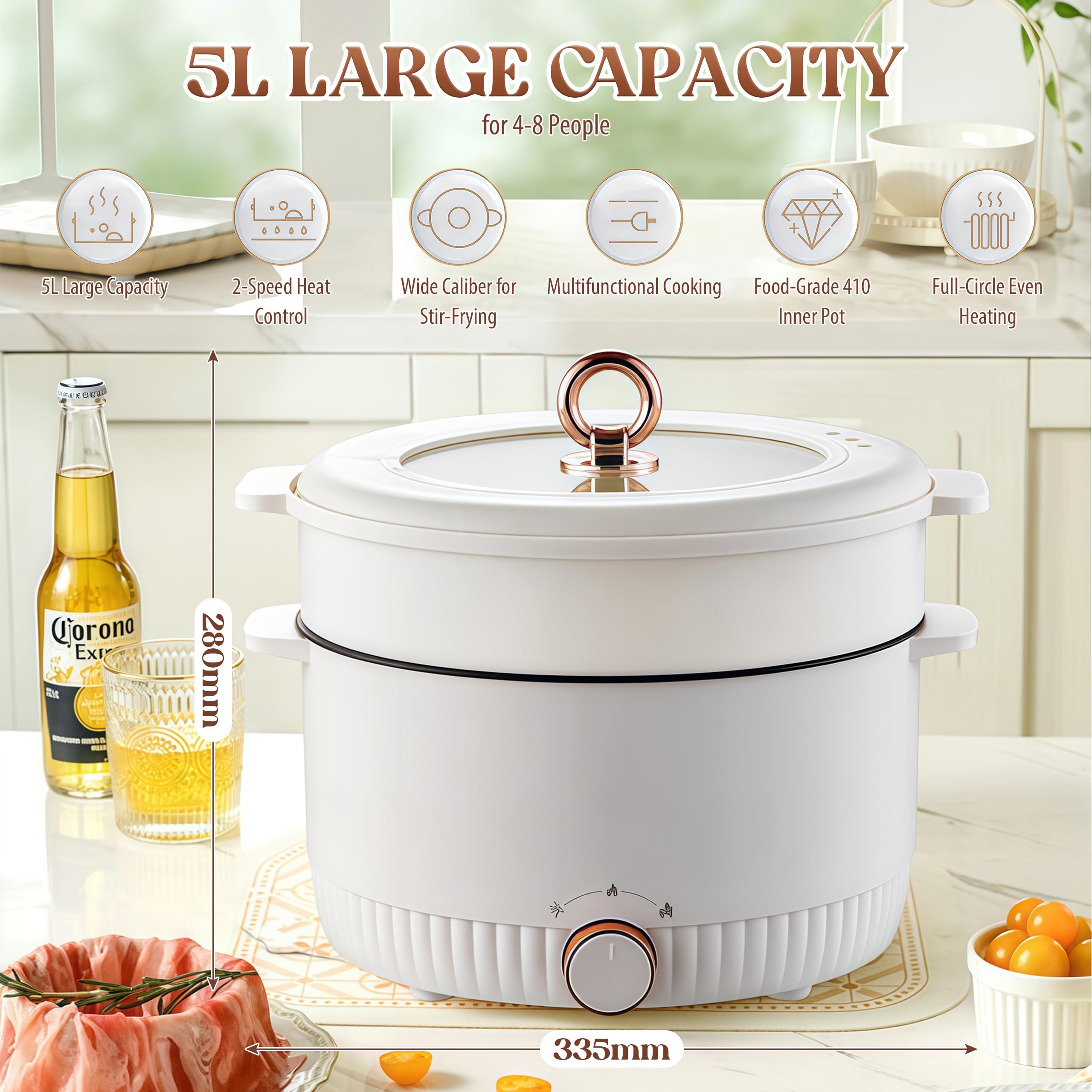 Elektrischer Hot Pot mit Dampfeinsatz, 5L Elektrische Hot Pot, 1350W Hotpot Topf, Tragbare Antihaft Multikocher für Braten Ramen Fondue Suppe, Elektropfanne für Zuhause, Büro, Schlafsaal