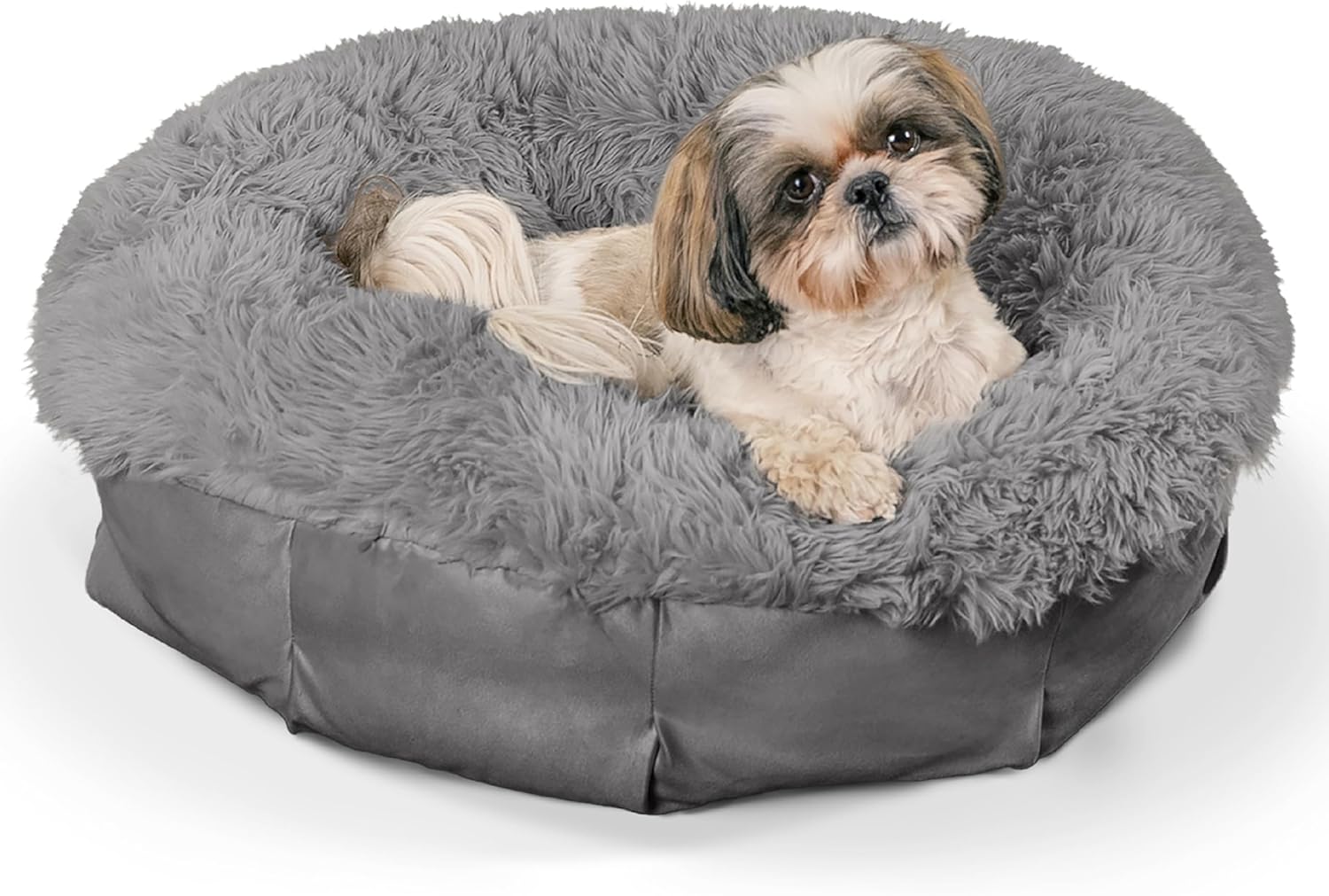 Best Friends by Sheri Ultra Calming Pouf Bed, Orthopedic Round Dog Bed for Joint Support, Faux Fur, Washable Cover, Gray, Small, 23"x23"