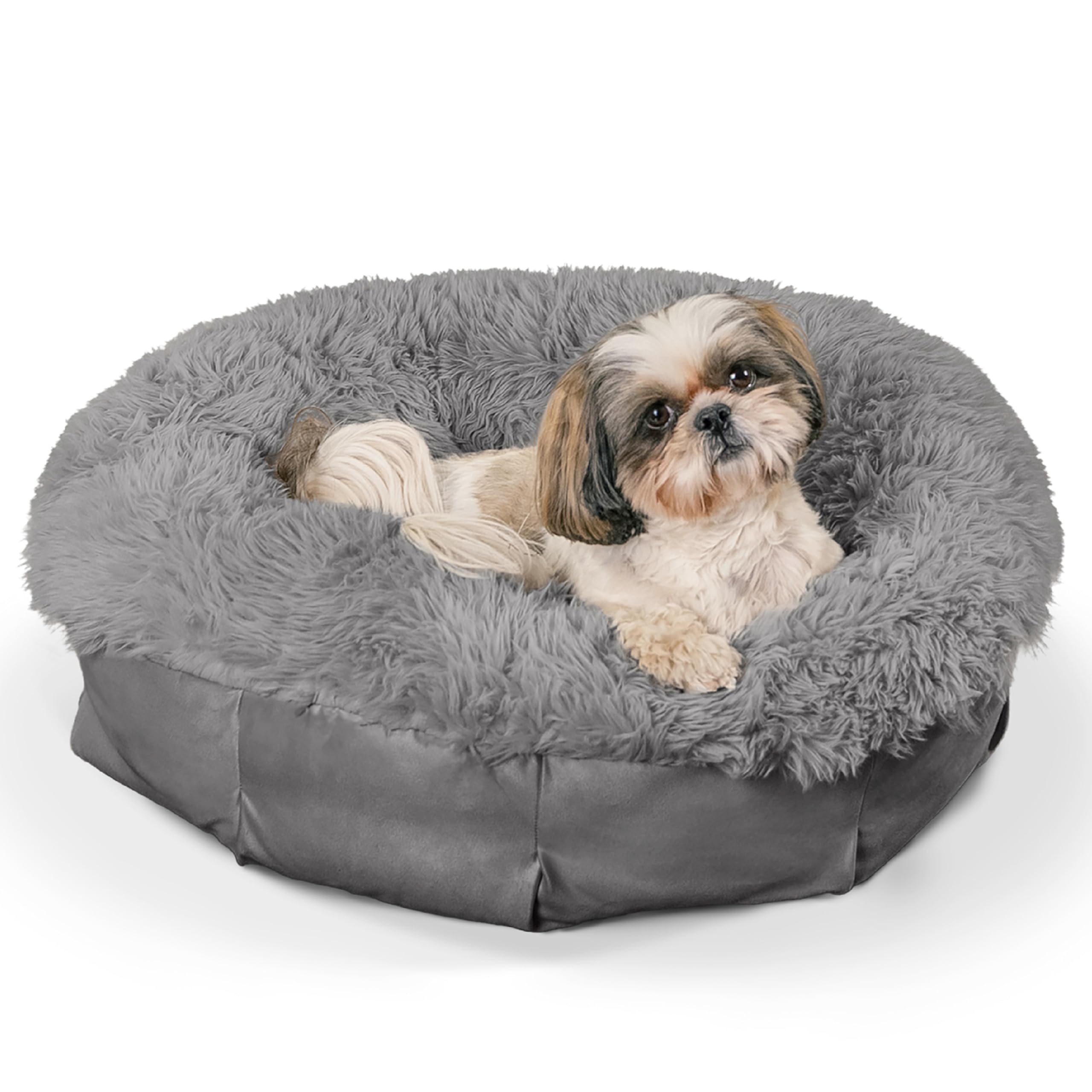 Ultra Calming Pouf Bed, Orthopedic Round Dog Bed for Joint Support, Faux Fur, Washable Cover, Gray, Small, 23"x23"