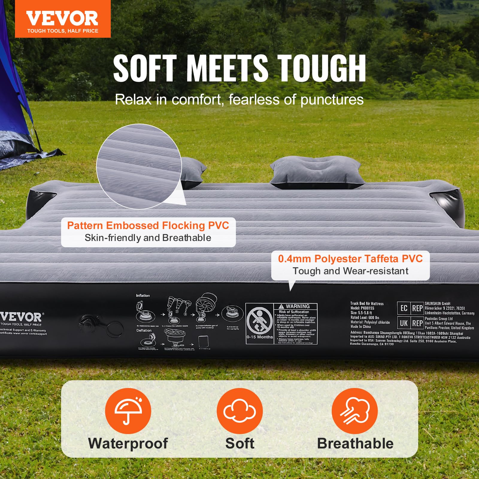 VEVOR Truck Bed Air Mattress, for 5.5-5.8 ft Full Size Short Truck Beds, Inflatable Air Mattress Bed with 12V Air Pump 2 Pillows, Carry Bag, for Silverado, RAM, F Series, Sierra, Titan, Tundra