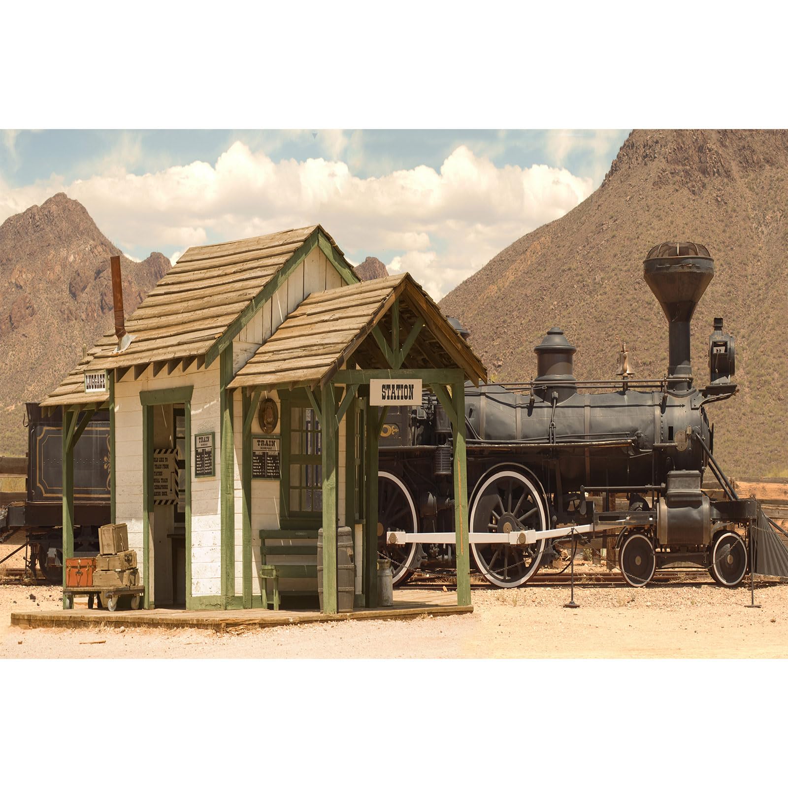 Old West Train Station Backdrop Vintage Western Locomotive Antique Train Photography Background Retro Luggage Storage Backdrop Wild West Train Cowboys