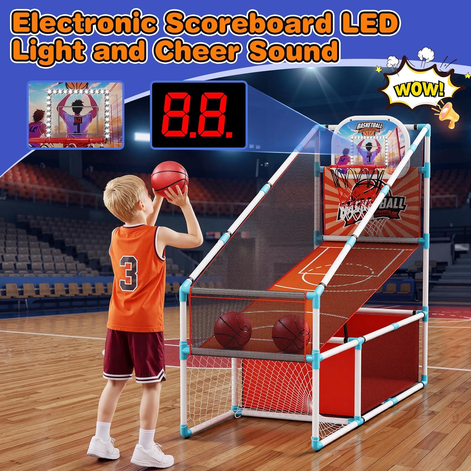 2 in 1 Kids Arcade Basketball Hoop &Soccer Goal,LED Lights Electronic Scoreboard, Adjustable Height Basketball Game Set,Indoor Outdoor Sport Toys Gift Toddlers Boys Girls Ages 3-12 Home Party