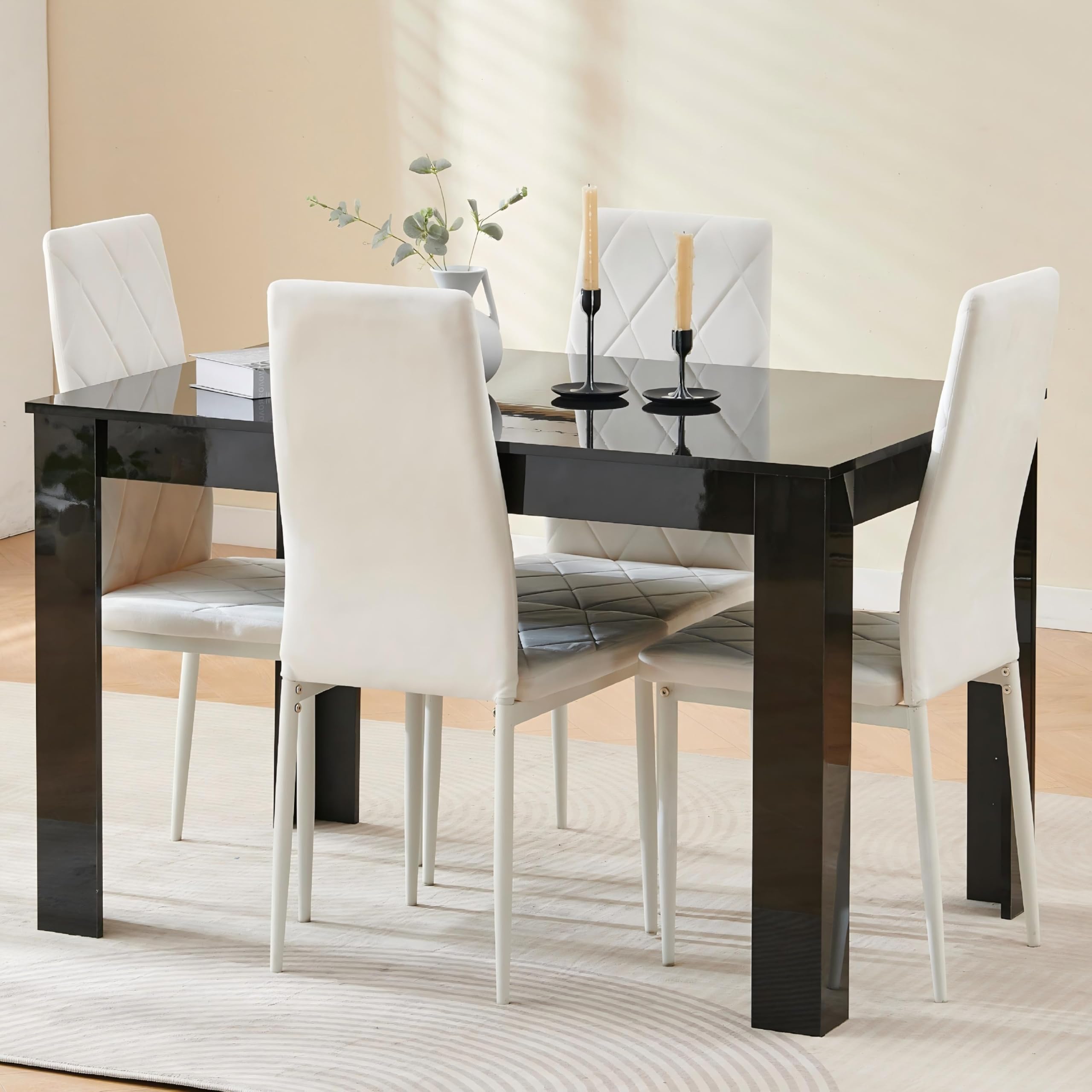 Homullel 120cm Glossing Dining Table and 4 Chairs, 4 Seater Kitchen Table and Chairs Set for Space Saving, Compact Dining Room Set for 4, 120x80 cm, Wooden, Walnut Black (4 Seaters, Flannel White #2) โ image 1
