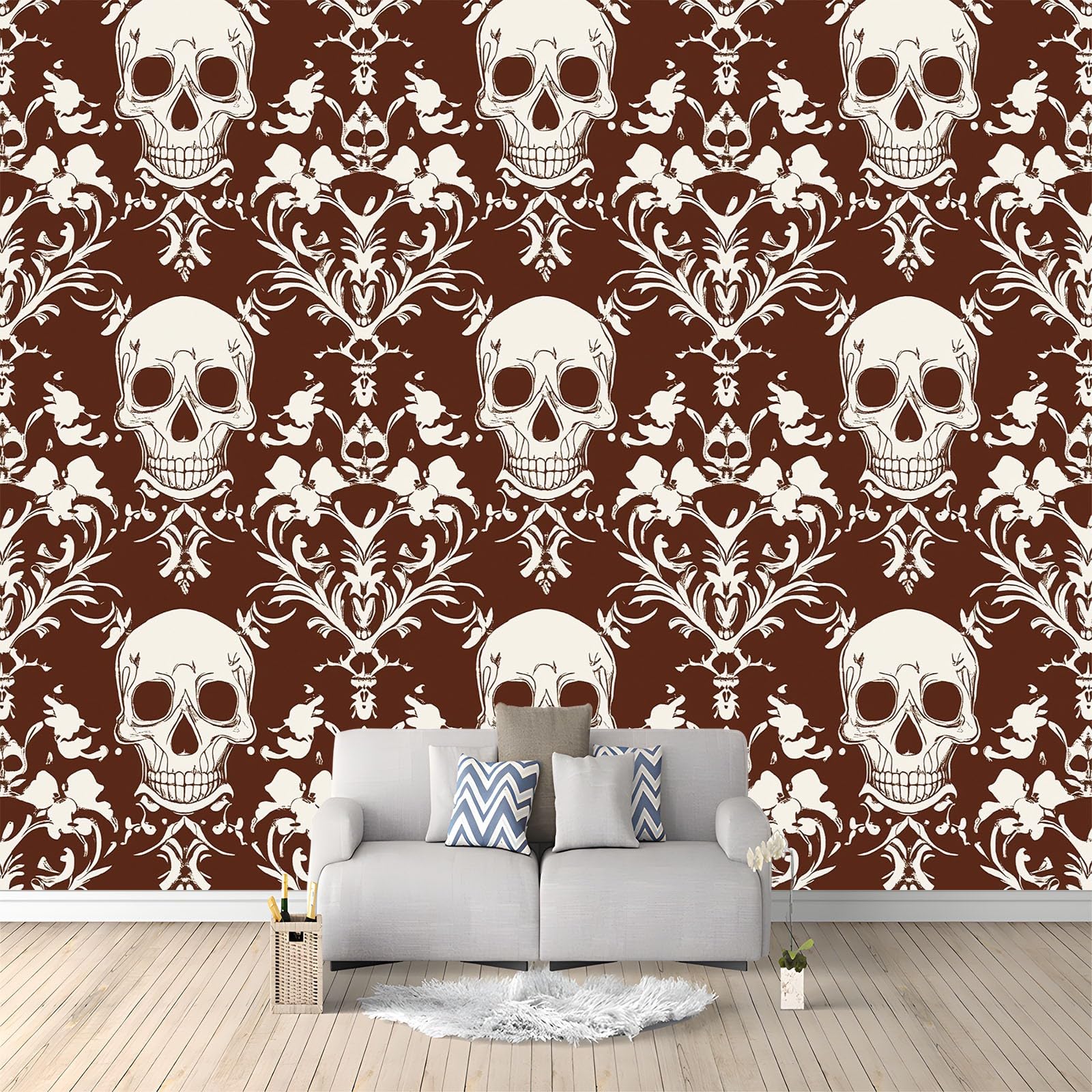 350 x 256 cm, fototapeta z efektem 3D, gotycka czaszka kwiatów, fototapety do salonu, sypialni, tapeta na flizelinie, tapeta ścienna, szara