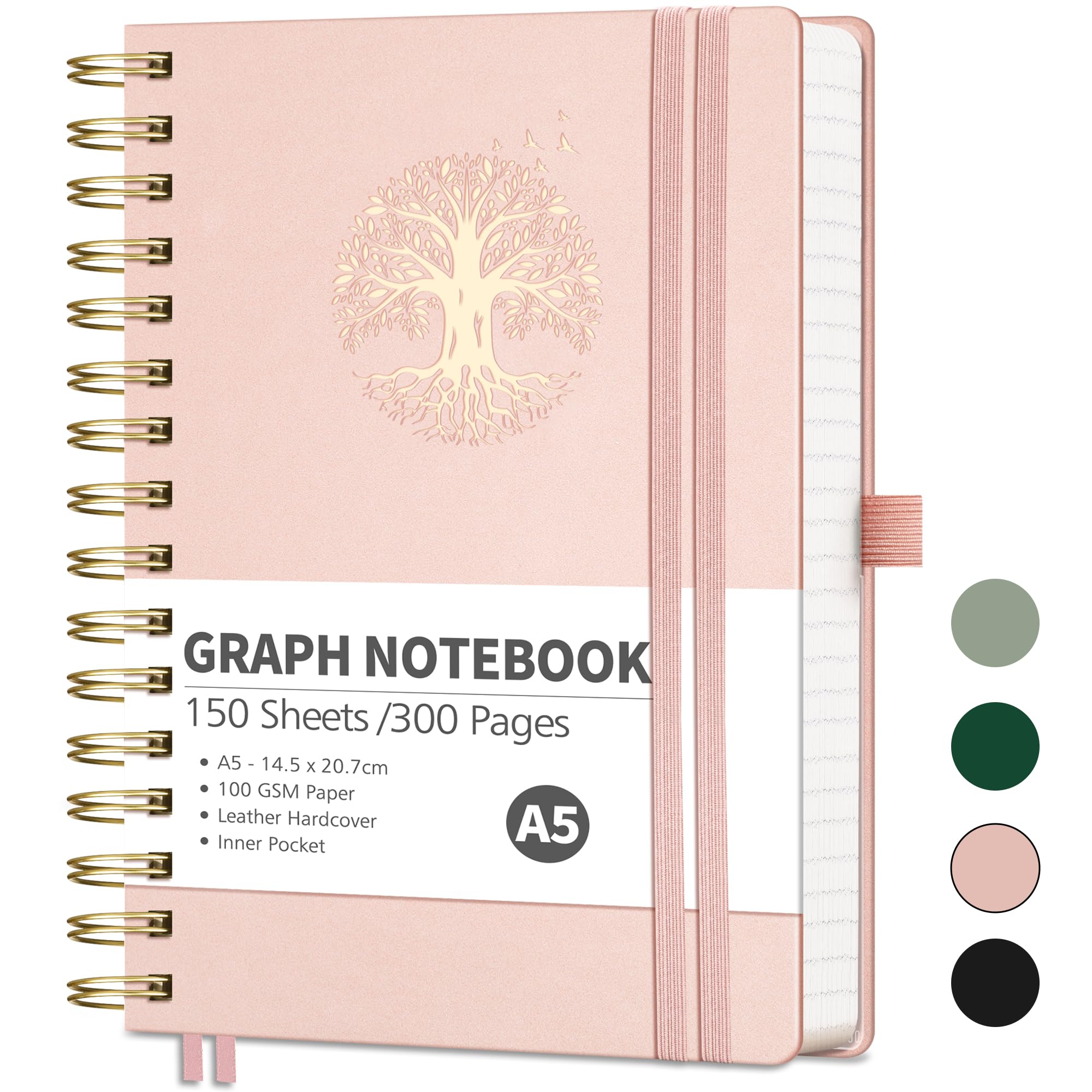 RETTACY A5 Spiral Notebook, Graph Journal, 300 Pages, RoseGold — image 1