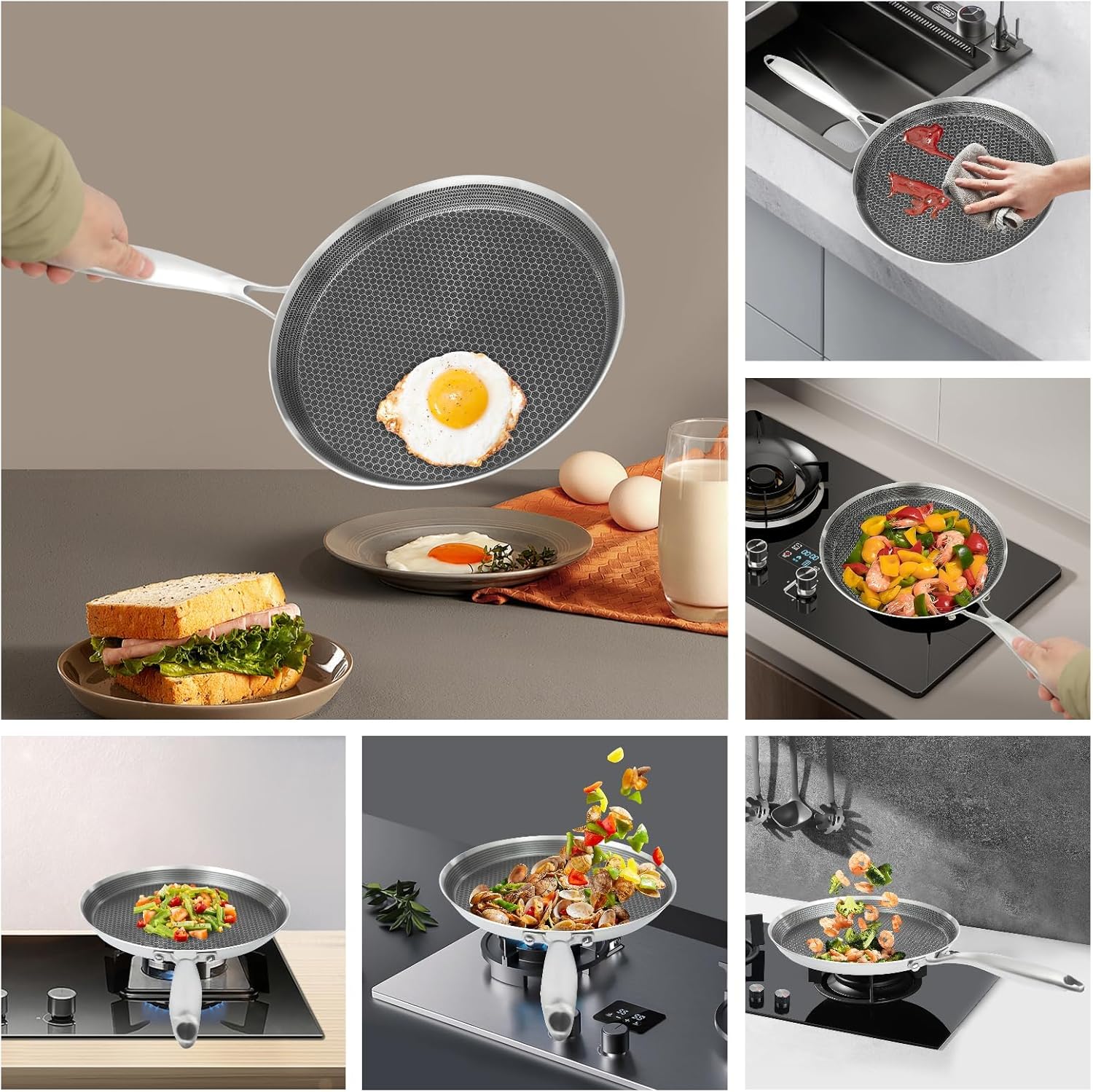 Non-stick Crepe Pan, 26cm/10.2in Stainless Steel Skillet w/ 21.8cm/8.6in Handle, Honeycomb Texture Frying Pan, Kitchen Tortilla Omelet Pizza Pancake Pot, Fast Even Heating Flat Cookware for Most Stove