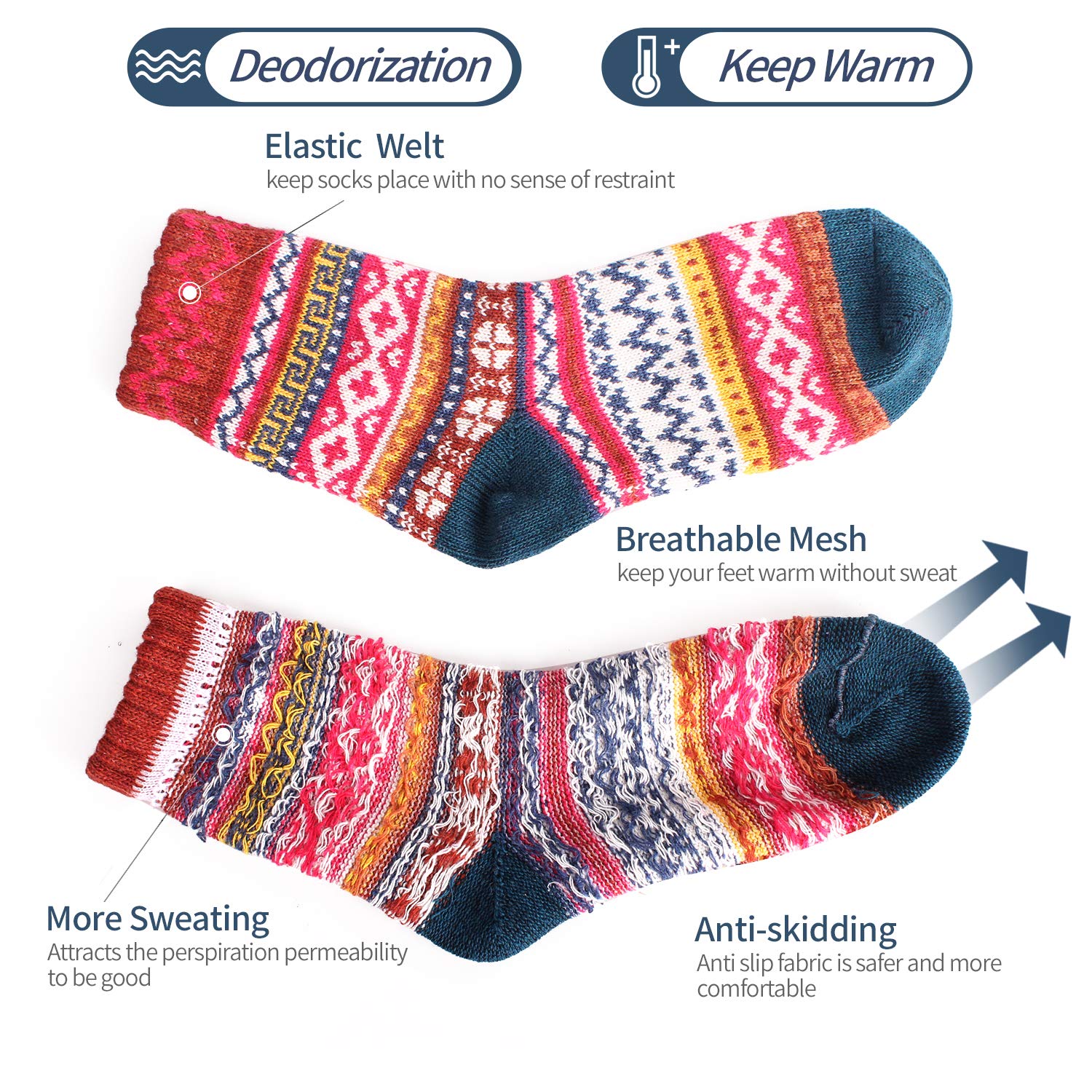 5 Paires De Chaussettes En Laine Pour Femmes, Chaussettes Chaudes Et
