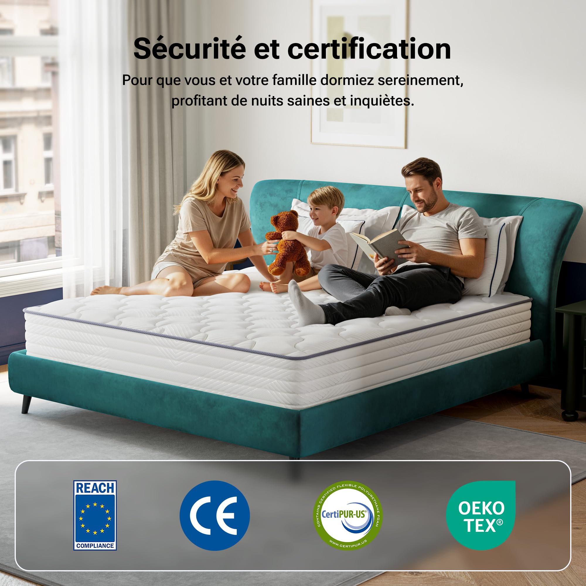 TXO Matelas 140x200 cm, Matelas à Ressorts Ensachés Antistatique, Hauteur 25 cm, Matelas Hybride avec Conception à 7 Zones pour Le Soutien du Dos, Niveau de Ferme H3, Certifié Oeko-Tex