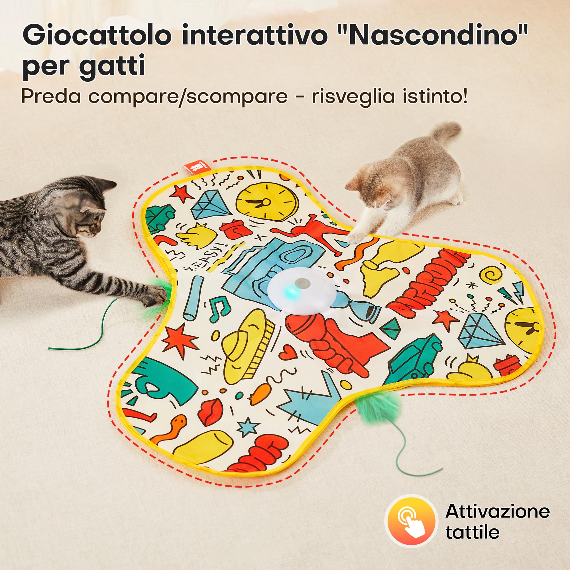 Potaroma Giochi per Gatti Interattivi Ricaricabili – Giocattolo con Piume Nascoste in Movimento, Suono Realistico di Topo, Attivazione al Tocco, per Gattini e Gatti Adulti da Interno Cover Graffiti