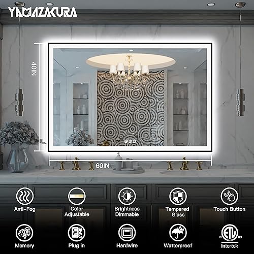 Miniatura 2 de Espejo de baño grande de 60 x 40 pulgadas, retroiluminado y frontal con luz LED, espejo de tocador moderno rectangular negro, regulable, antiniebla,