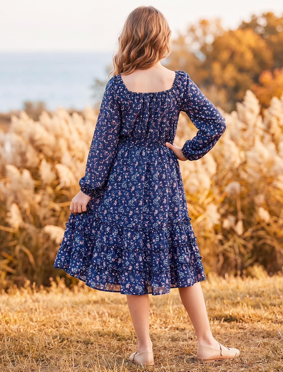 Girls Fall Long Sleeve Floral Dress Casual Ruffle Smocked Dresses Size 7-14 image 4