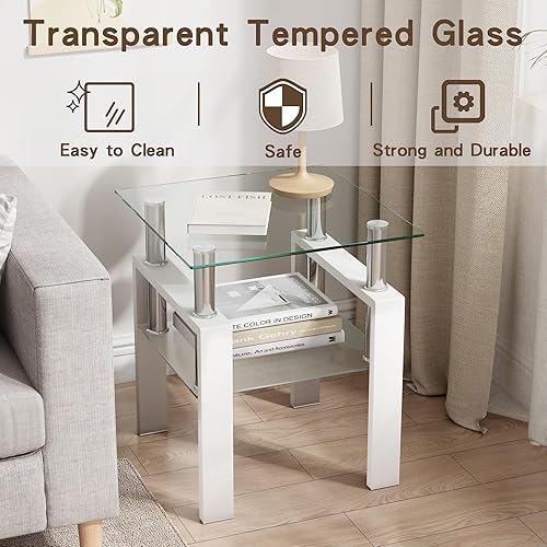 Miniatura 8 de Mesa auxiliar de cristal de 2 niveles, moderna mesa esquinera de cristal, mesa auxiliar para sala de estar con patas de metal para sala de estar,