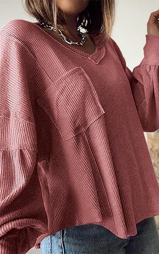 Miniatura 4 de BTFBM - Camisas de punto acanalado con cuello en V para mujer, estilo casual, para otoño, estilo túnica, holgadas, de manga larga, con globo