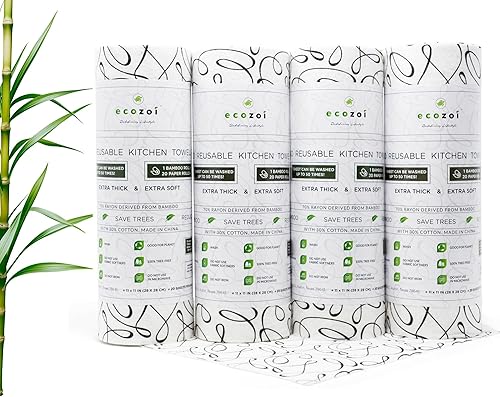 Miniatura 10 de Ecozoi Toallas de papel de bambú reutilizables, paquete de 4, equivalentes a 80 rollos regulares, rollos de papel de cocina sostenibles y