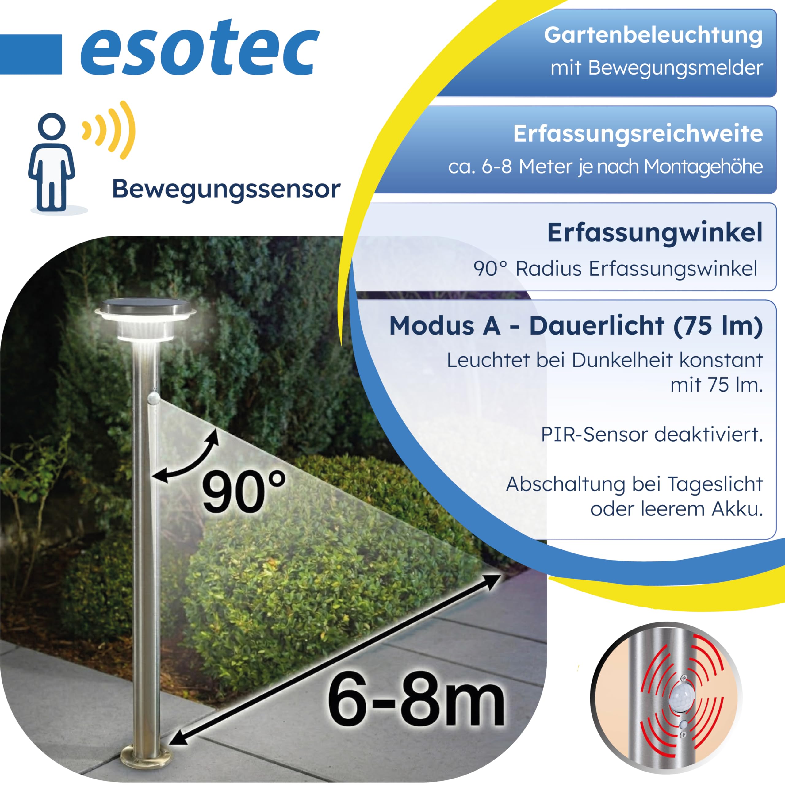 esotec Solarlampen für außen mit Bewegungsmelder, Solarleuchten Garten, Solar Wegeleuchten für außen, Gartenbeleuchtung Solar Außen H=85cm 600lm 102597
