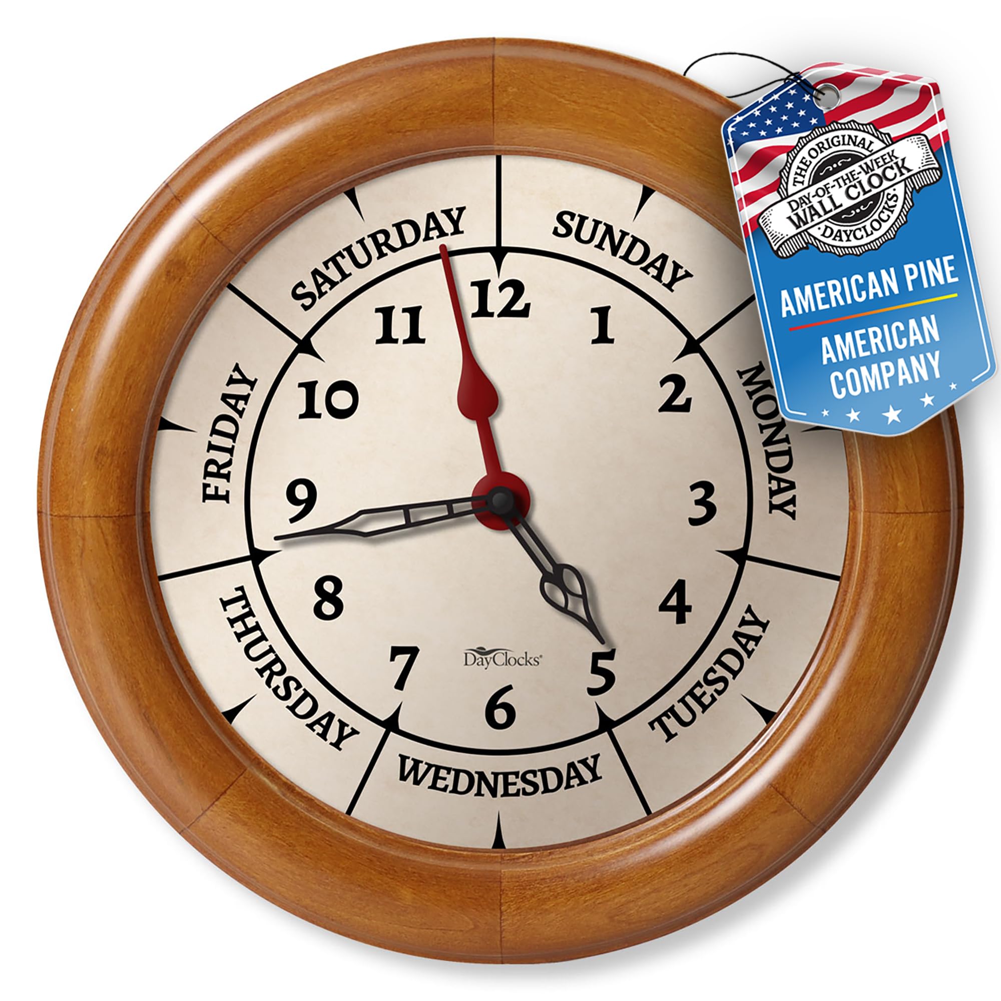 Time & Week-Day Wall Clock with Solid Wood Frame – Weekly Analog Clock with Days, Hours & Minutes – Quiet Wall Mounted Clock - Ideal Retirement Gift for Men & Women, Pine Wood, 10"