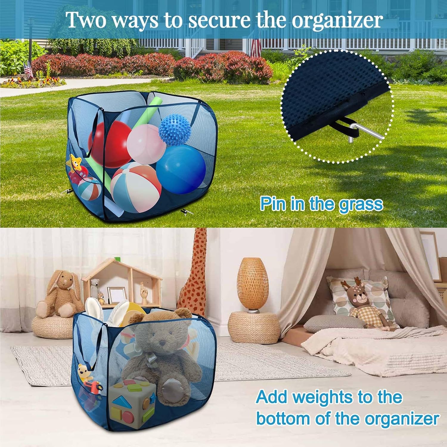 Pop up Pool Toy Storage Bin,22"X22"X22"Pool Float Organizer Bag with 2 Side Pockets Mesh Swimming Pool Toys Organizer with 4 Ground Nails for Inflatable Toys, Float, Beach Ball and Pool Accessories