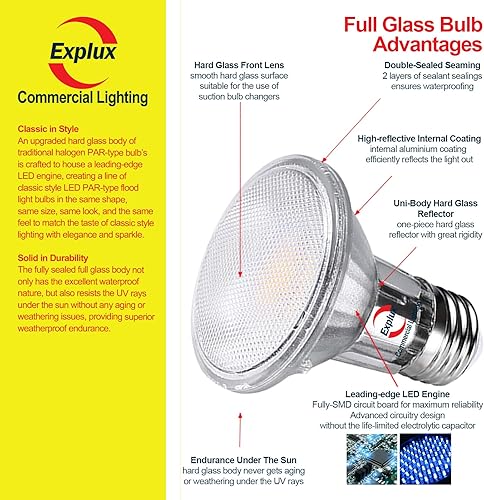 Miniatura 3 de Explux - Bombillas LED PAR20 de grado comercial, equivalente a 60 W, 650 lúmenes, regulables, de vidrio completo, resistentes a la intemperie,
