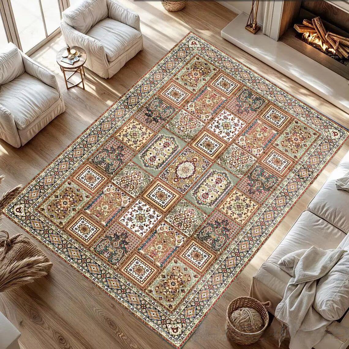 Patchwork-Teppich, groß, 200 x 200 cm, rutschfest, maschinenwaschbar, Kurzflor-Teppich für Wohnzimmer, Eingangsbereich, Büro, Schreibtisch, Nachttisch, Schlafzimmer, traditionelles geometrisches