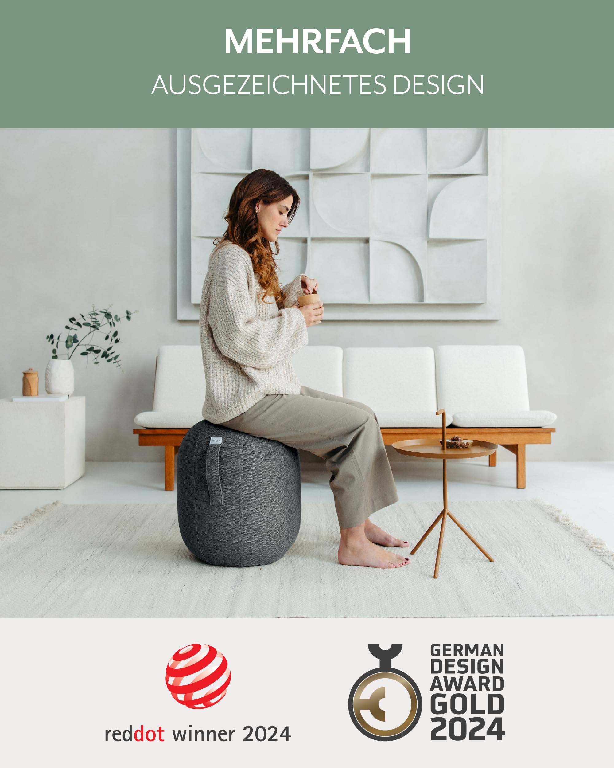 VLUV® Kapsul Stov Tabouret d'équilibre ergonomique avec poignée de transport et protection anti-basculement - Housse en tissu lavable - Anthracite - Taille M