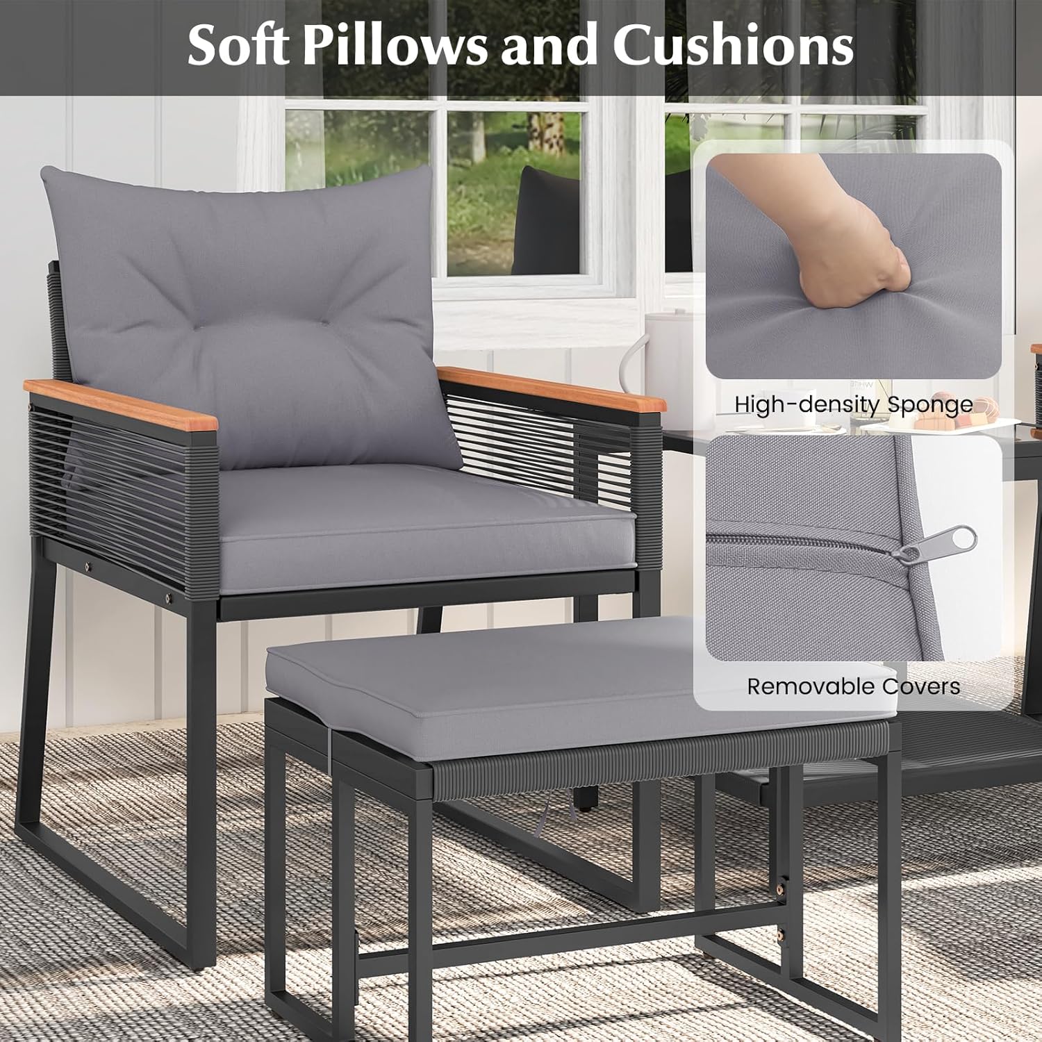 HAPPYGRILL 5 Piece Patio Conversation Set PE Rattan Wicker Chairs with 2 Ottomans, Soft Cushions and 2 Tier Coffee Table, Outdoor Furniture Set for Backyard, Garden and Poolside