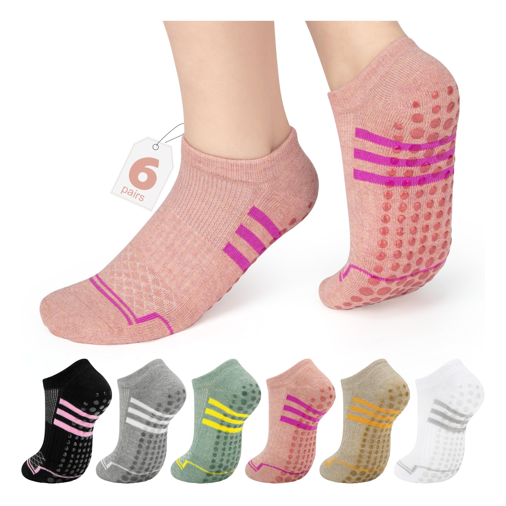 Aurmly 6 Paar Pilates Yoga Socken Damen Stoppersocken Damen, Atmungsaktive Hausschuhsocken, Baumwoll Slipper Grip Socken, Female Stoppersocken Tanzen, Übung, Fitness, Laufen EU35-40