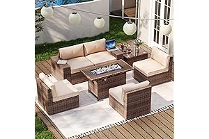 Aoxun 7 Pieces Patio Furniture Set Outdoor Wicker Rattan Furniture with 44” Fire Pit Table