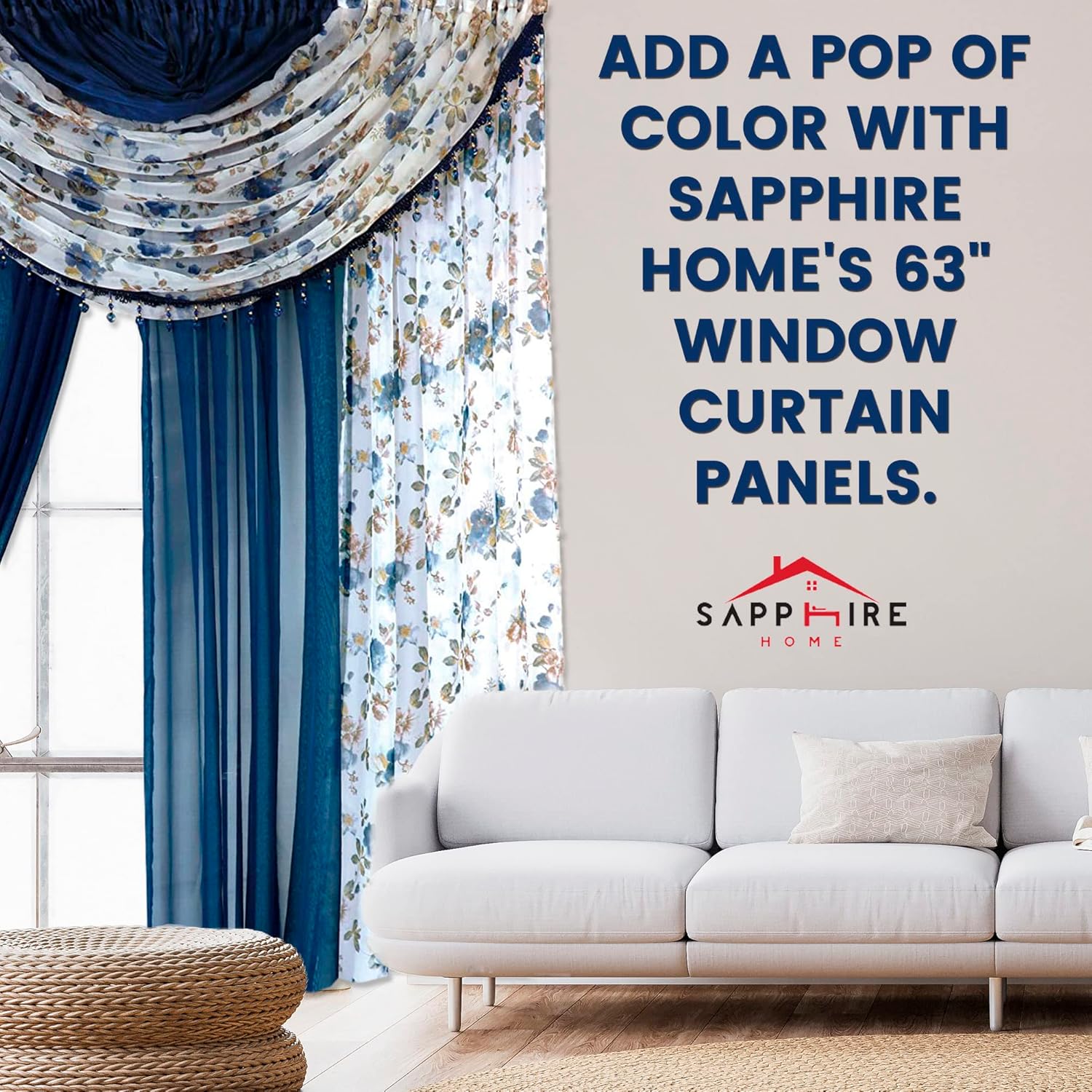 Sapphire Home Sheer Curtains - Two Tone 4 Panels Set w/Valance & Tiebacks, 55"x63", Lightweight Light-Filtering Window Curtain for Living Room, Bedroom, Kitchen, Dining Room - Blue Rose and Navy