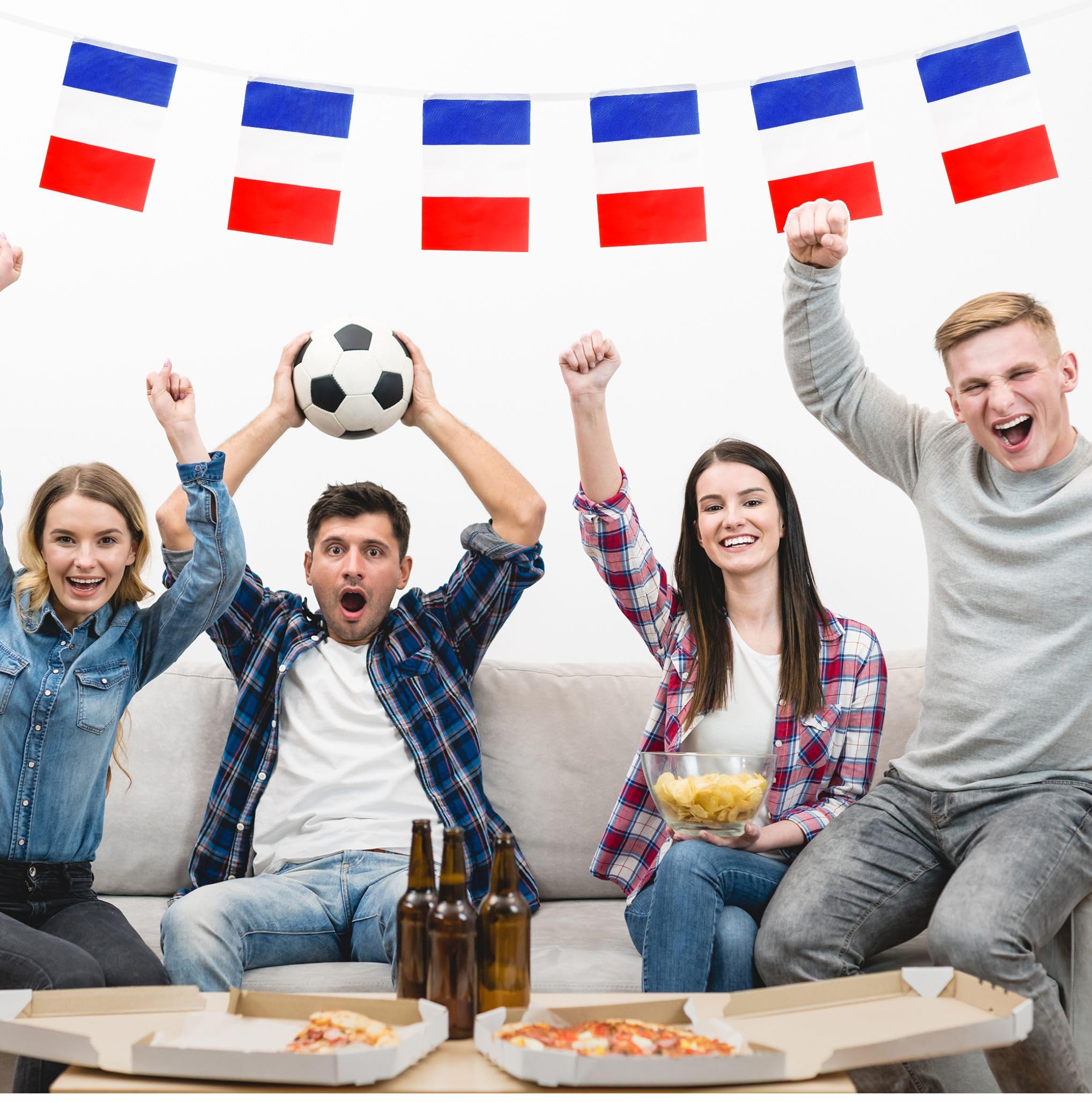 Guirlande de 30 drapeaux de la France - 14 x 21 cm - 10 m - Motif football européen 2024 - Décoration de fête pour événements sportifs - Intérieur ou extérieur - Jardin - Bar