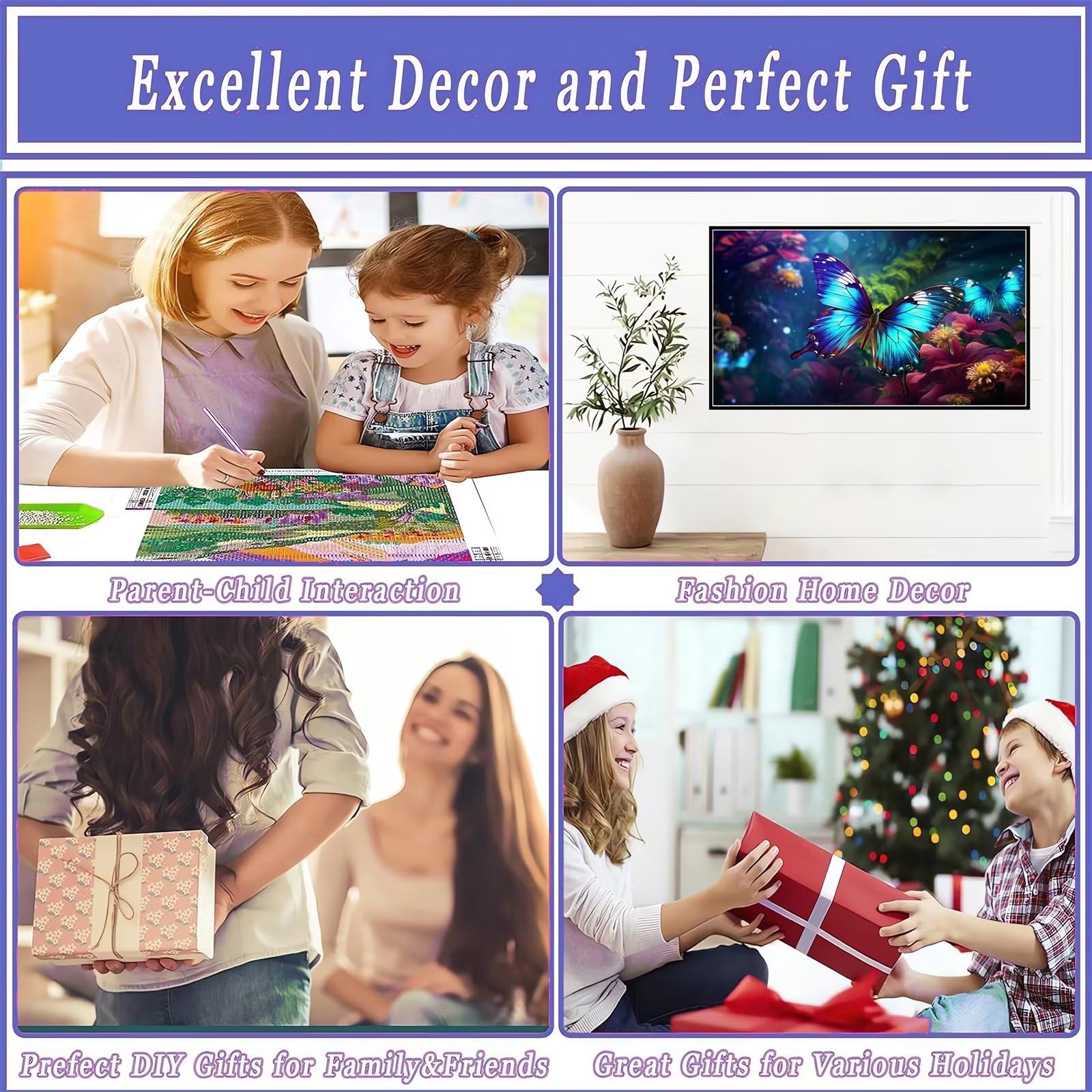 Diamond Painting Papillon Fleur, DIY Peinture Broderie Diamant Painting Kit Complet, Loisirs Créatifs Adultes Diamond Painting Grand Format, Kit Diamond Painting pour Maison Décor Noël(178x100cm)-9H