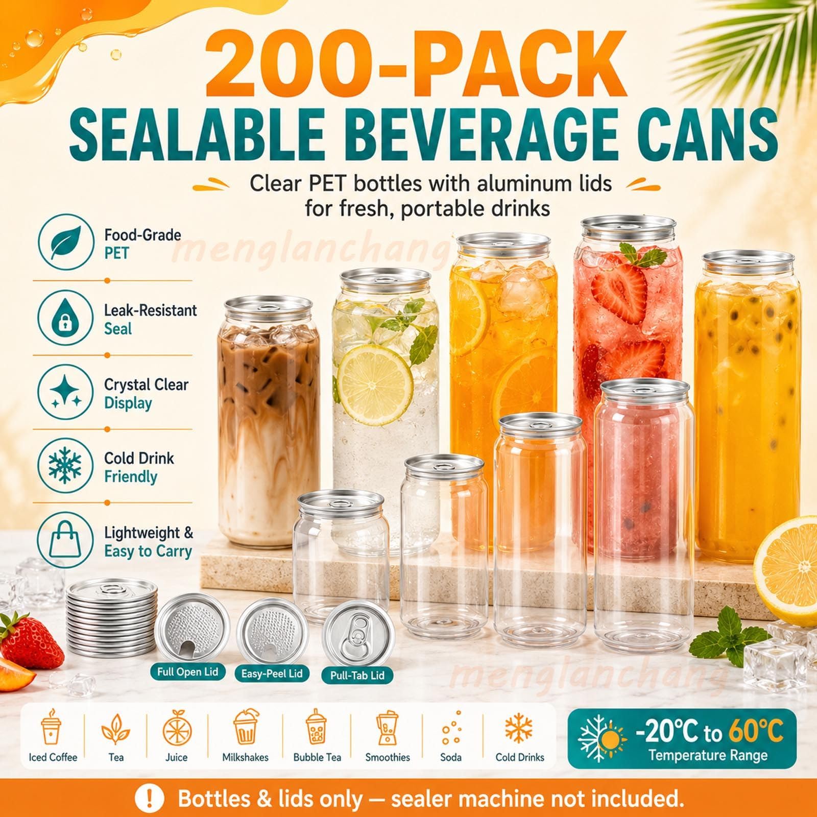 200 Gobelets en Plastique avec Couvercles – pour Café, Smoothies & Boissons EasyPullLid-500ml