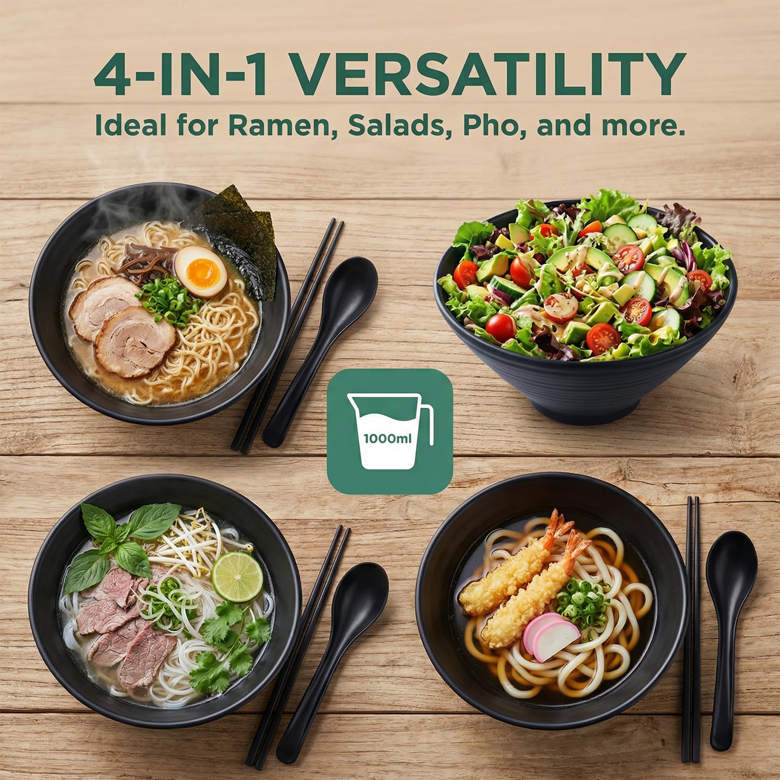 2 Set Ciotole Ramen Bowl Giapponesi per Ramen, 1000ml, Con Bacchette E Cucchiaio, Adatte per Insalate, Udon, Soba, Pho, Pasta e Zuppe Asiatiche