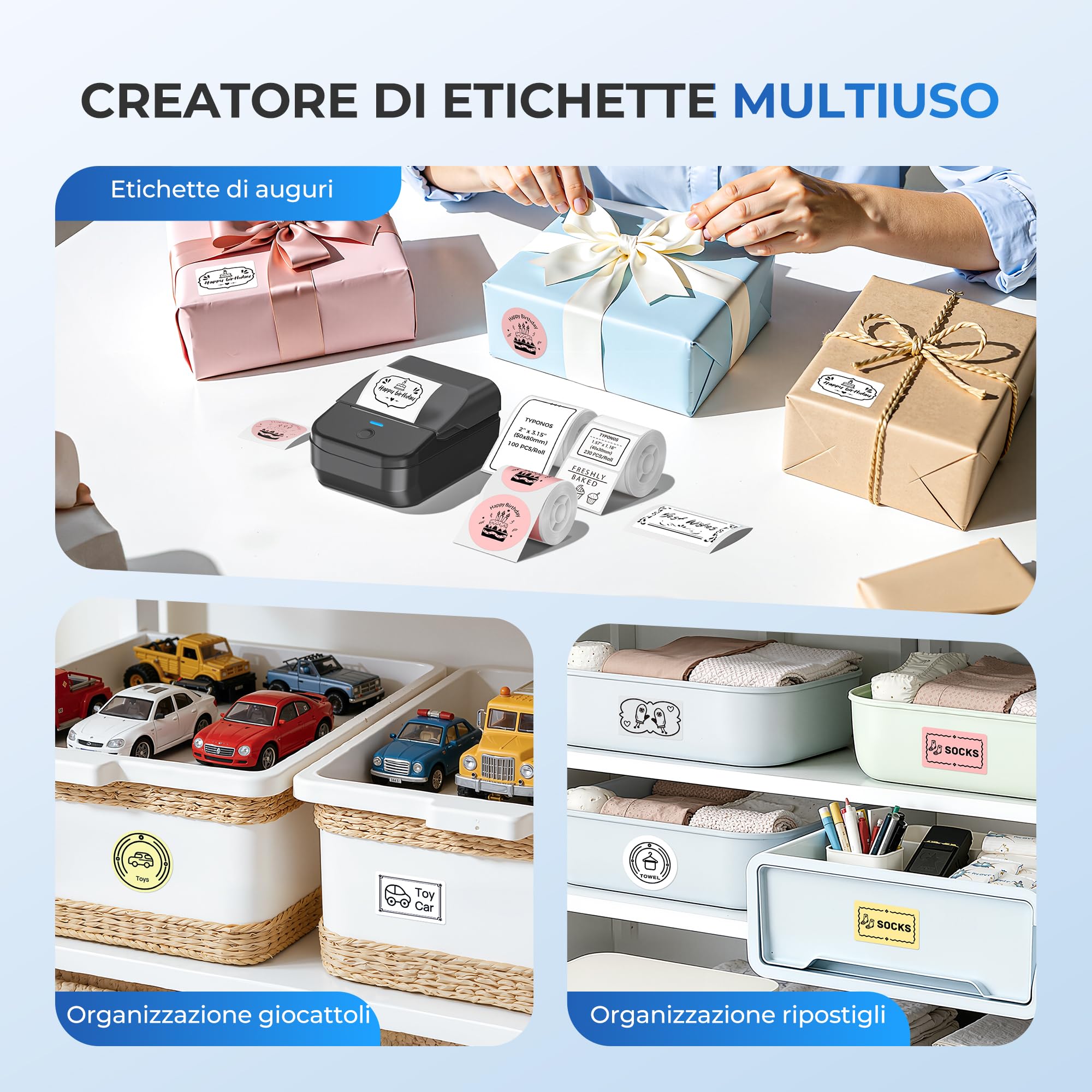 PM240 Stampante termica etichette adesive Bluetooth, Nero | Incluso 3 Rotolo Di Etichette, Stampante Da 2 Pollici, Numerosi Modelli Predefiniti Per Ufficio, Scuola, Casa E Fai‑Da‑Te.