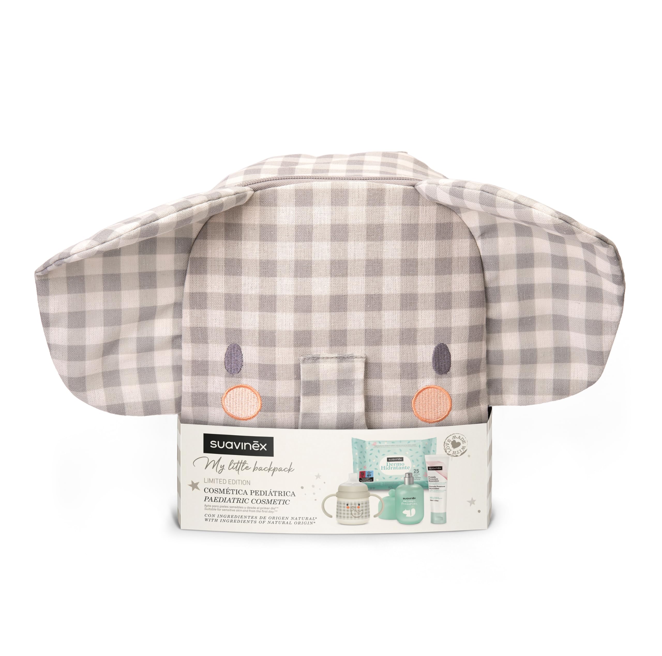 Suavinex, Plecak do przedszkola dla niemowląt, kosz - prezent dla dziecka z: Baby Cologne Memories 100 ml + Cream Pielucha 75 ml + opakowanie 25 chusteczek nawilżających + kubek do nauki, szary słoń