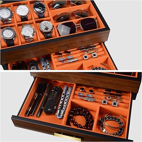 Miniatura 8 de ikkle Caja organizadora de relojes para hombres, 6 ranuras, vitrina de lujo para relojes, organizador de joyas de madera con cajón soporte de reloj