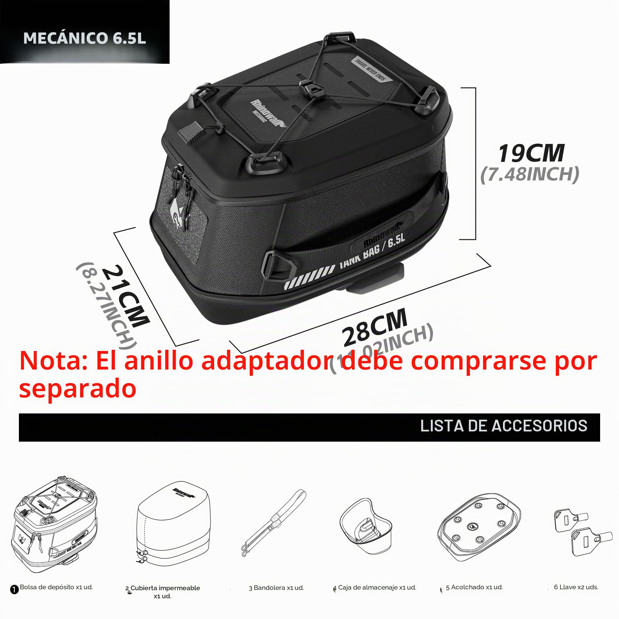 Rhinowalk Bolsa de depósito para moto 5 L-6,5 L con fuerte liberación rápida magnética, bolsa de depósito magnética con cubierta impermeable, apta para Harley Davidson, Indian, Honda, Yamaha, Suzuki y
