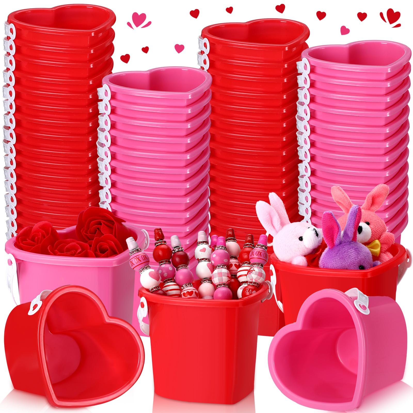 48 Pack Beach Toys Beach Sand Buckets Heart Shape Sand Buckets Red and Pink Plastic Beach Gear Bulk Sand Pail Fun Summer Beach Toys Party Set Bundle for Castle Model Girls Boys Gift Birthday