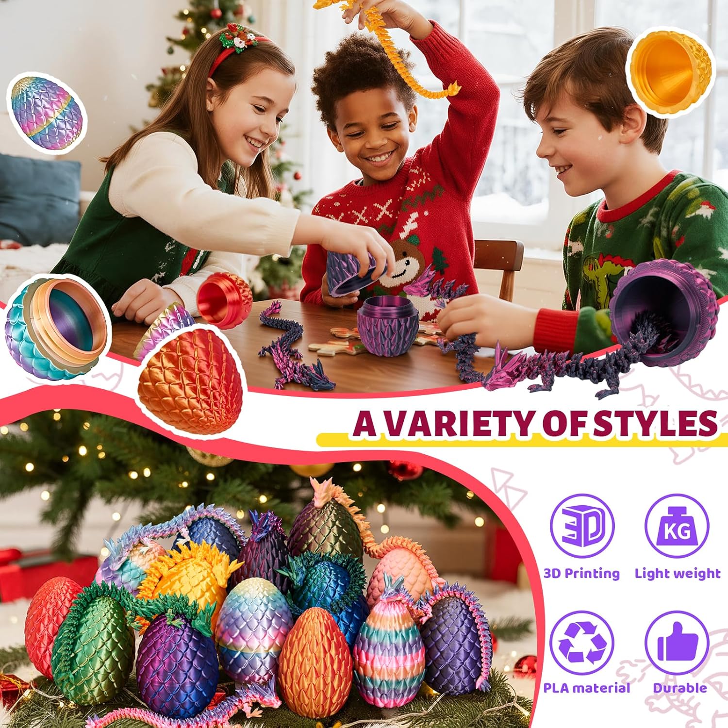 Cessfle 12" Prefilled Easter Eggs with 3D Printed Dragons Inside, 3D Printer Articulated Crystal Fidget Toy, Easter Basket Stuffers for 5-7 4-6 8-12 Year Old Boys Kid Teen Girls Adult